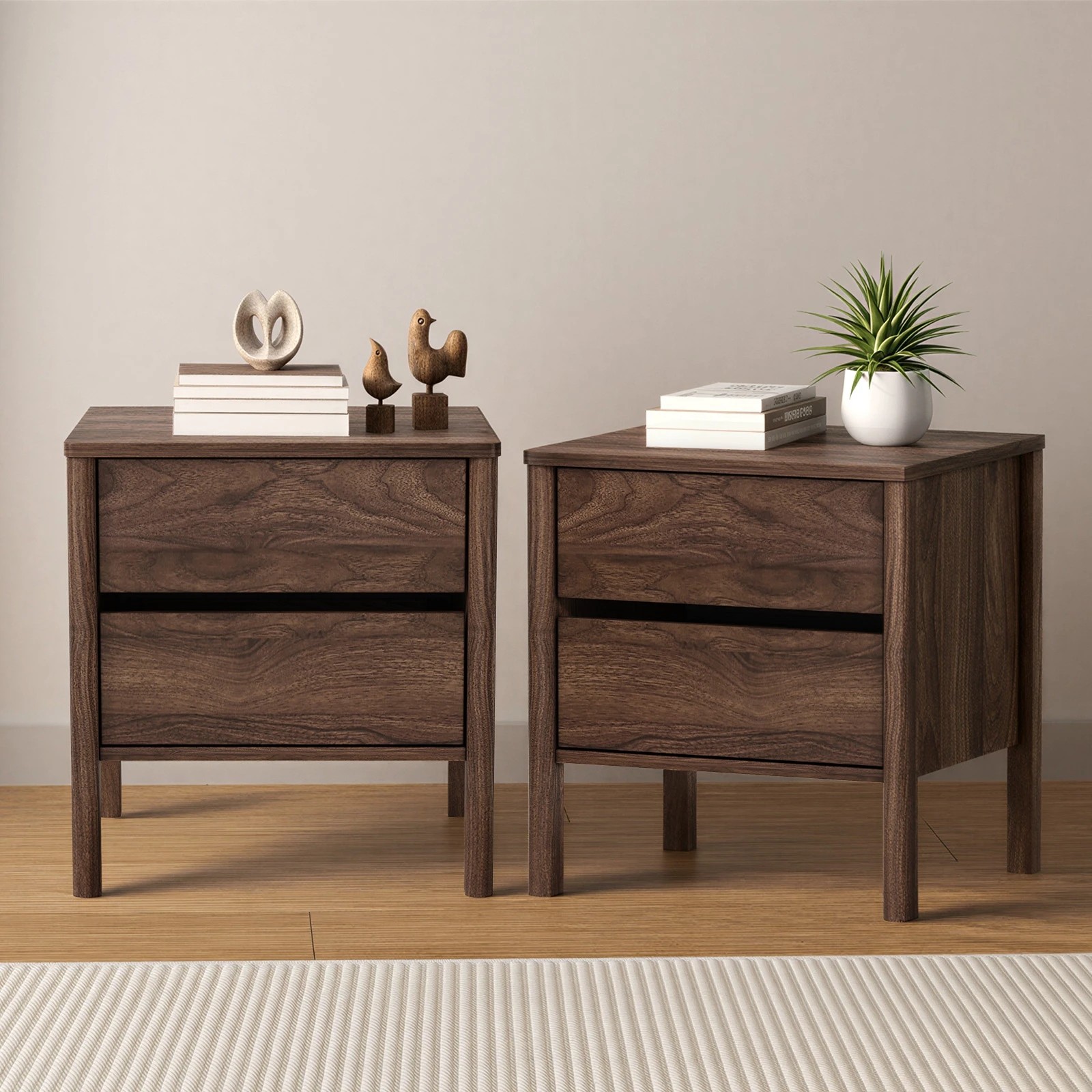 3 Oikiture 2x Bedside Table 2 Drawers Side Table Nightstand Handle-free - Brown, 3 of 10
