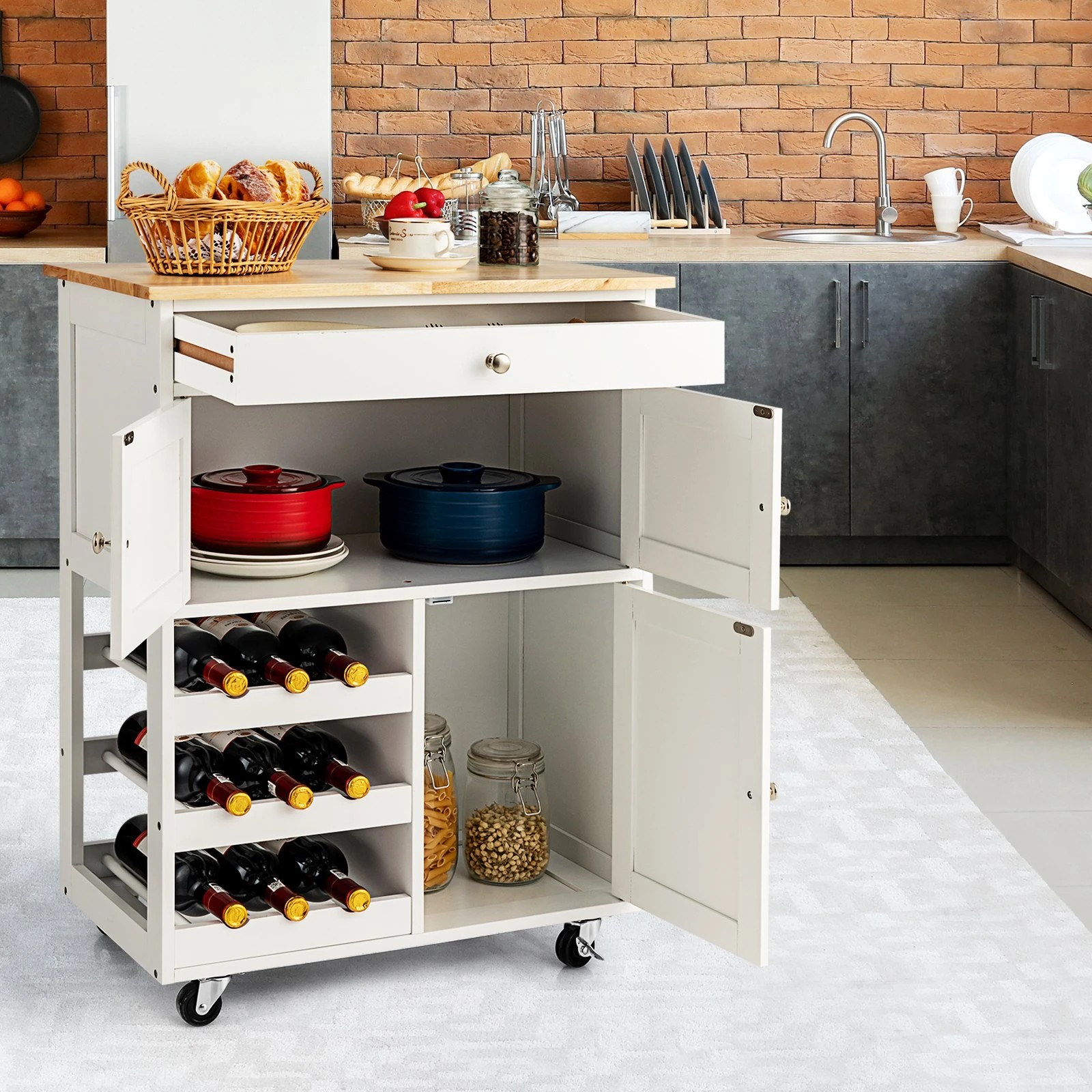 3 Costway Kitchen Island Trolley w/Wine Rack, 3 of 5