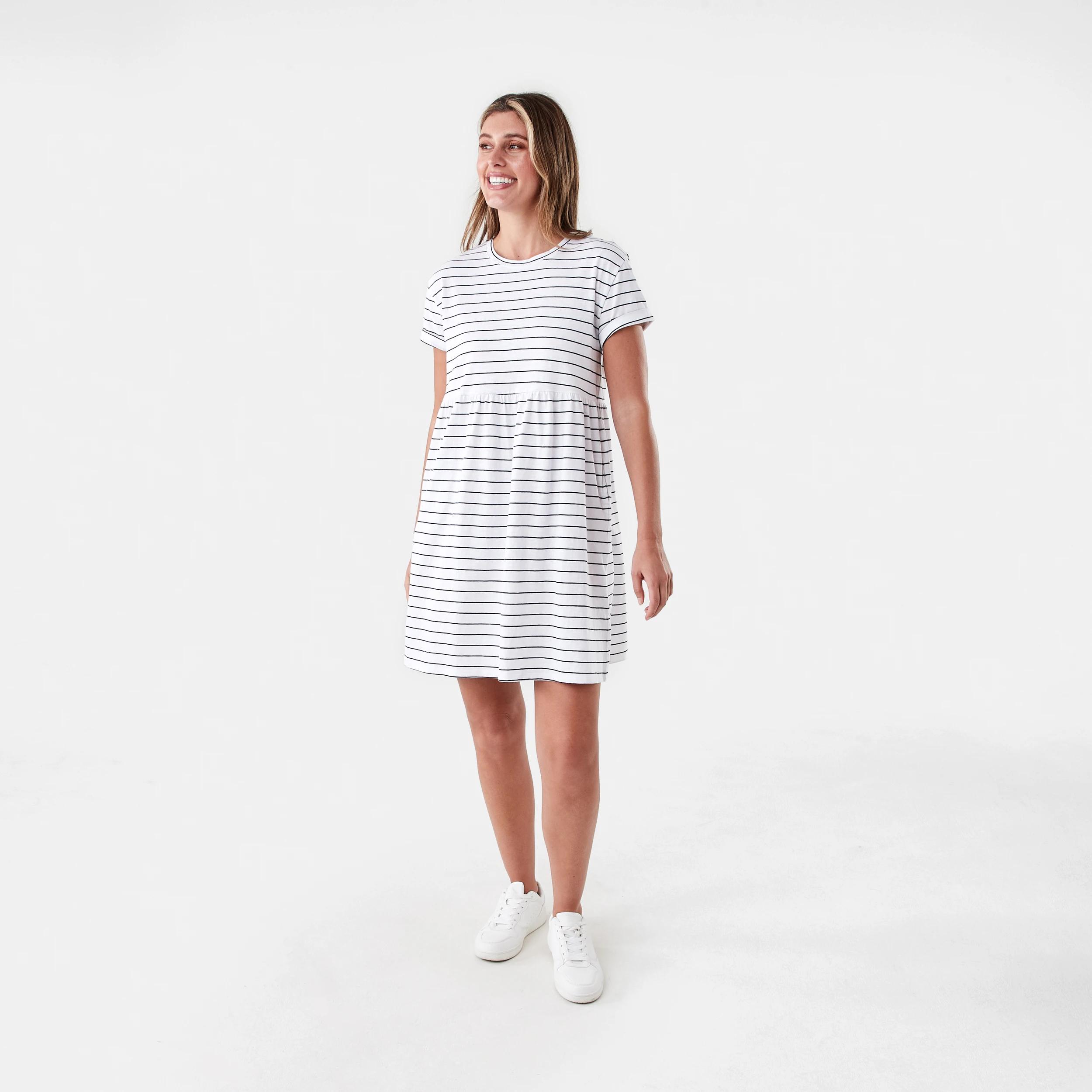 6 Short Sleeve Cuff Detail Jersey Mini Dress Strp Wht, 6 of 6