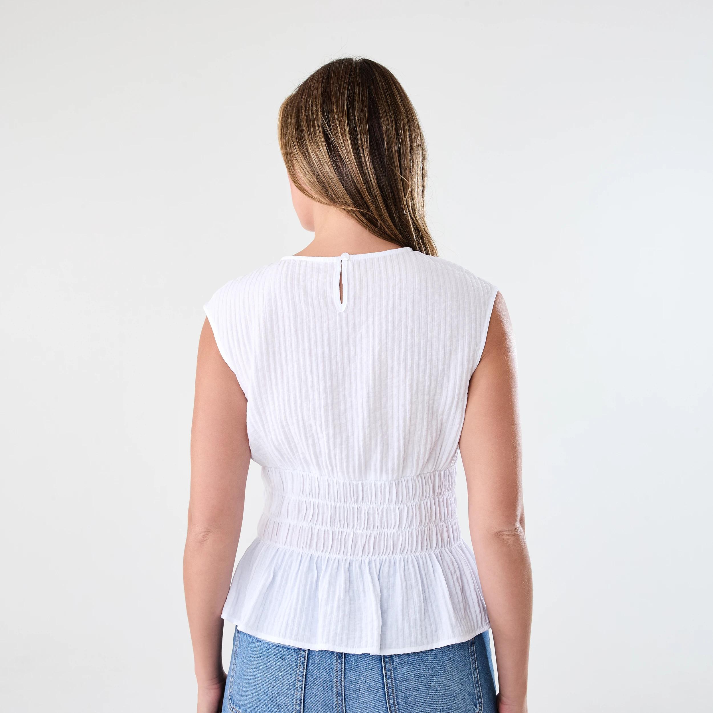 3 Sleeveless Crew Neck Shirred Top White, 3 of 6