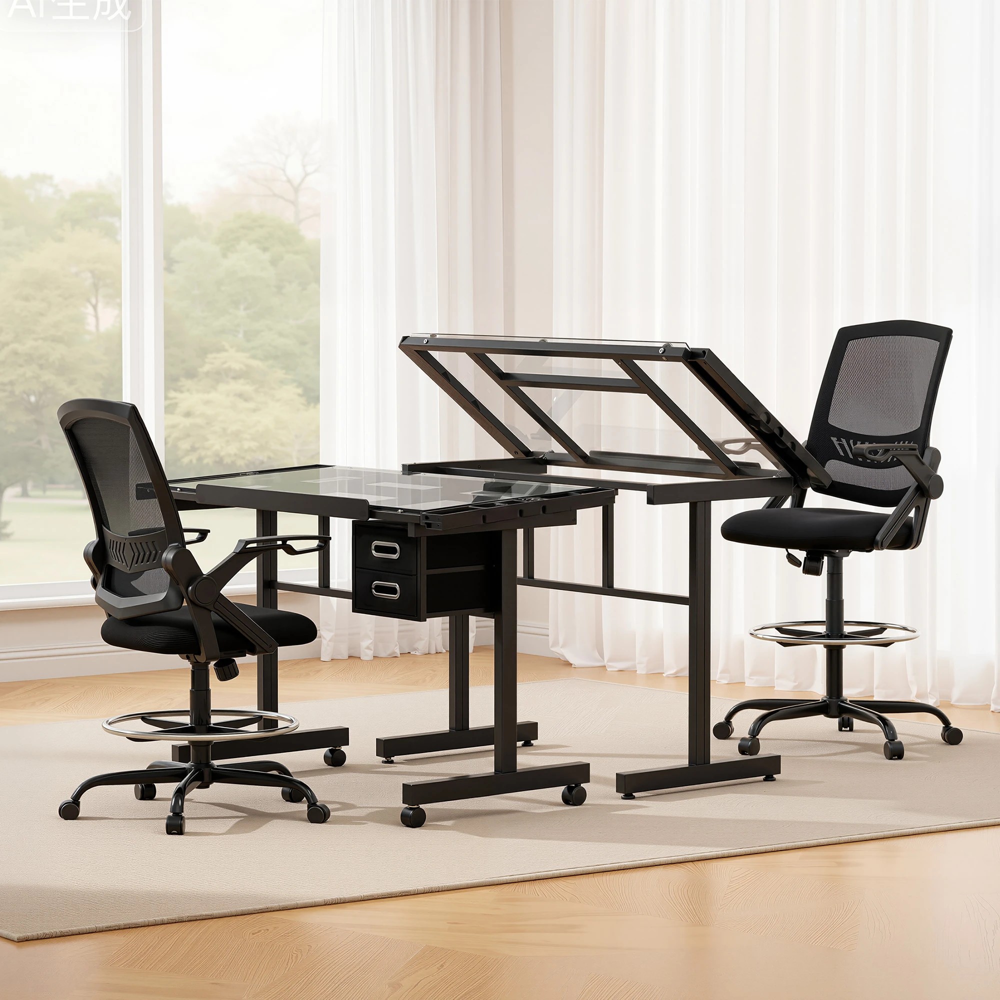 3 Artiss Drawing Table w/ Glass Top & Ergonomic Chair – Drafting Desk w/ Drawers for Art Studi - Black, 3 of 9