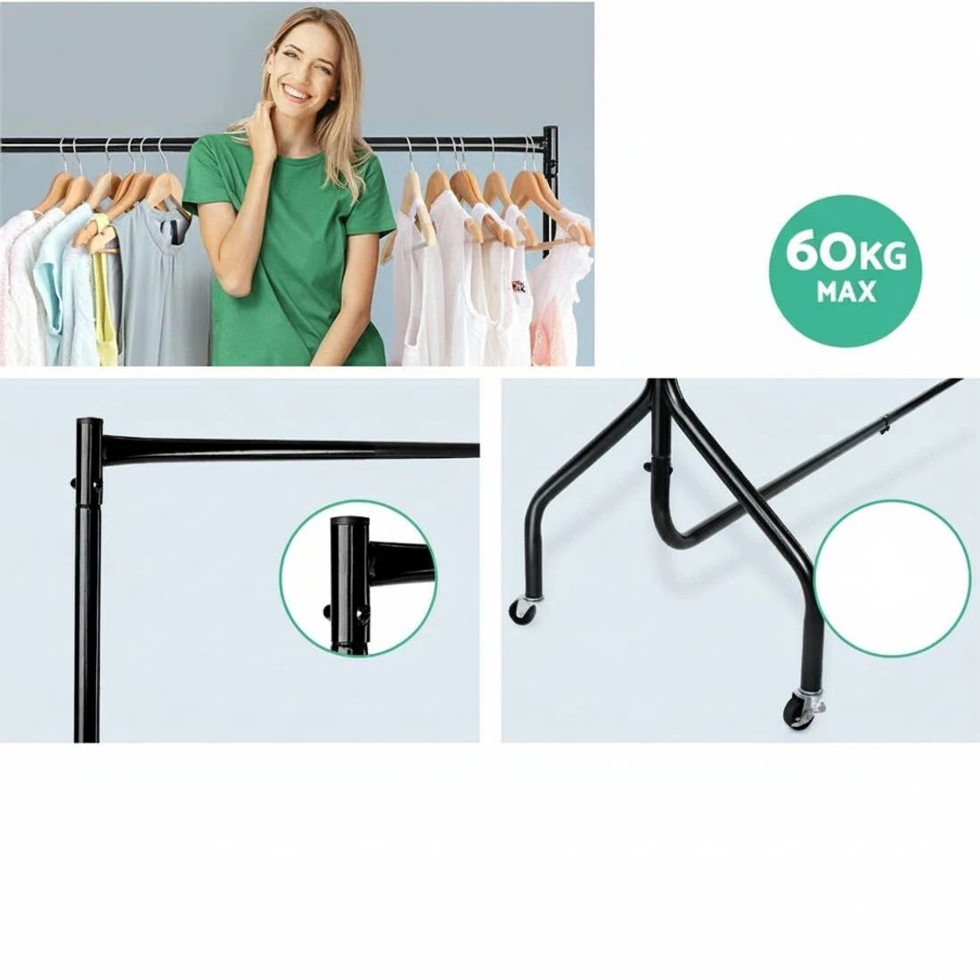5 Artiss Clothes Rack 6ft Rail With Wheels Garment Hanging Rack Portable Heavy Duty Lockable Wheels Space Saving - Black, 5 of 8