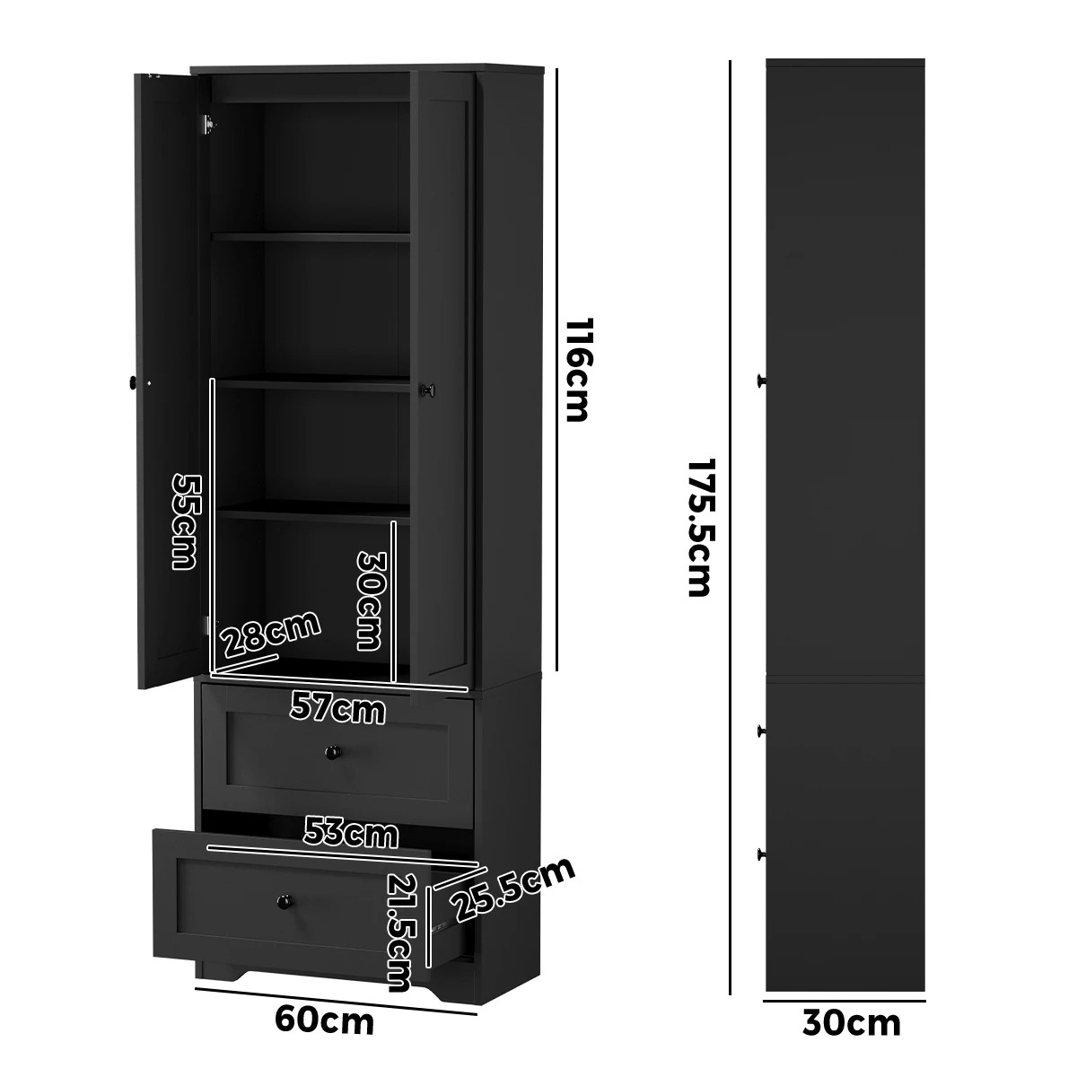 2 Oikiture 2 Door Cupboard Storage Cabinet Kitchen Buffet Sideboard - Black, 2 of 8