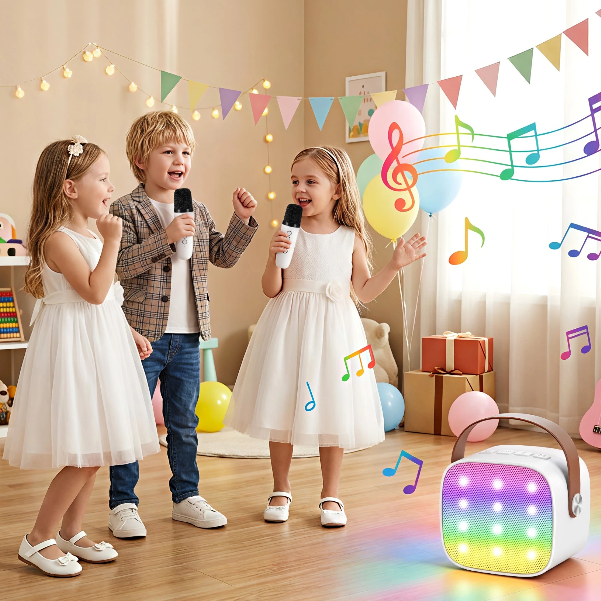 8 Alpha Mini Portable Karaoke Machine for Adults Kids with 2 Wireless Microphones - White, 8 of 9