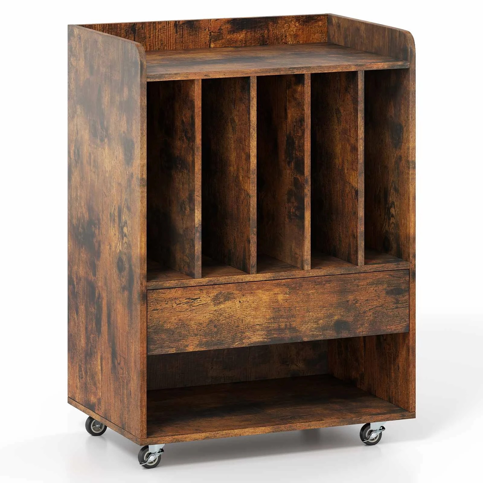 1 Costway Rolling Record Player Stand w/5 Compartments Vinyl Display Shelf - Brown, 1 of 4