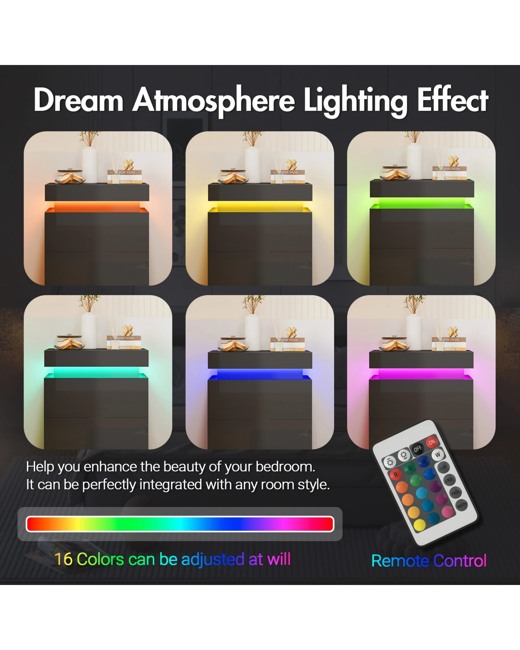 6 Advwin Set of 2 Led Bedside Table Lift Up Storage Nightstand, 6 of 7