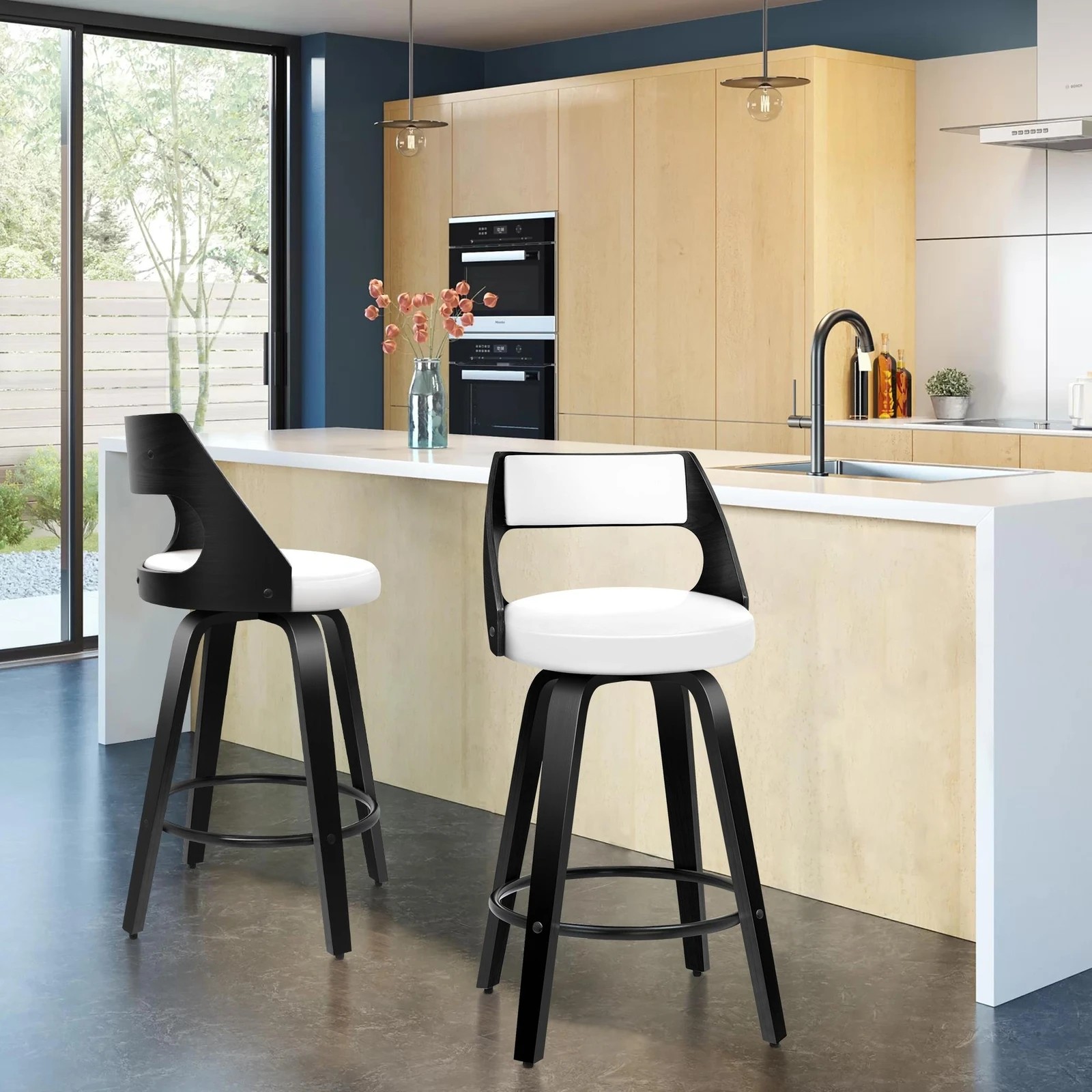 2 Alfordson 2x Swivel Bar Stools Eden Kitchen Wooden Dining Chair - White, 2 of 10