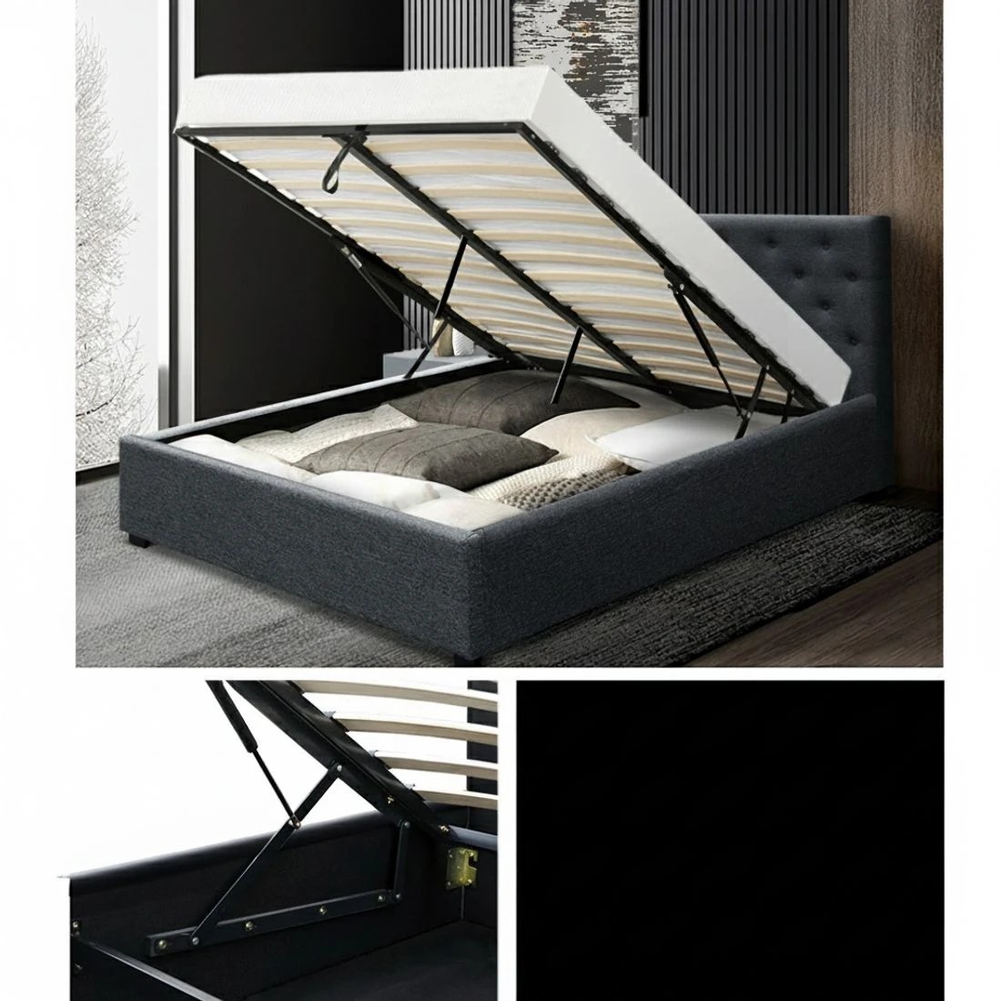 5 Artiss Bed Frame Queen Size Gas Lift Charcoal VILA - Charcoal, 5 of 10