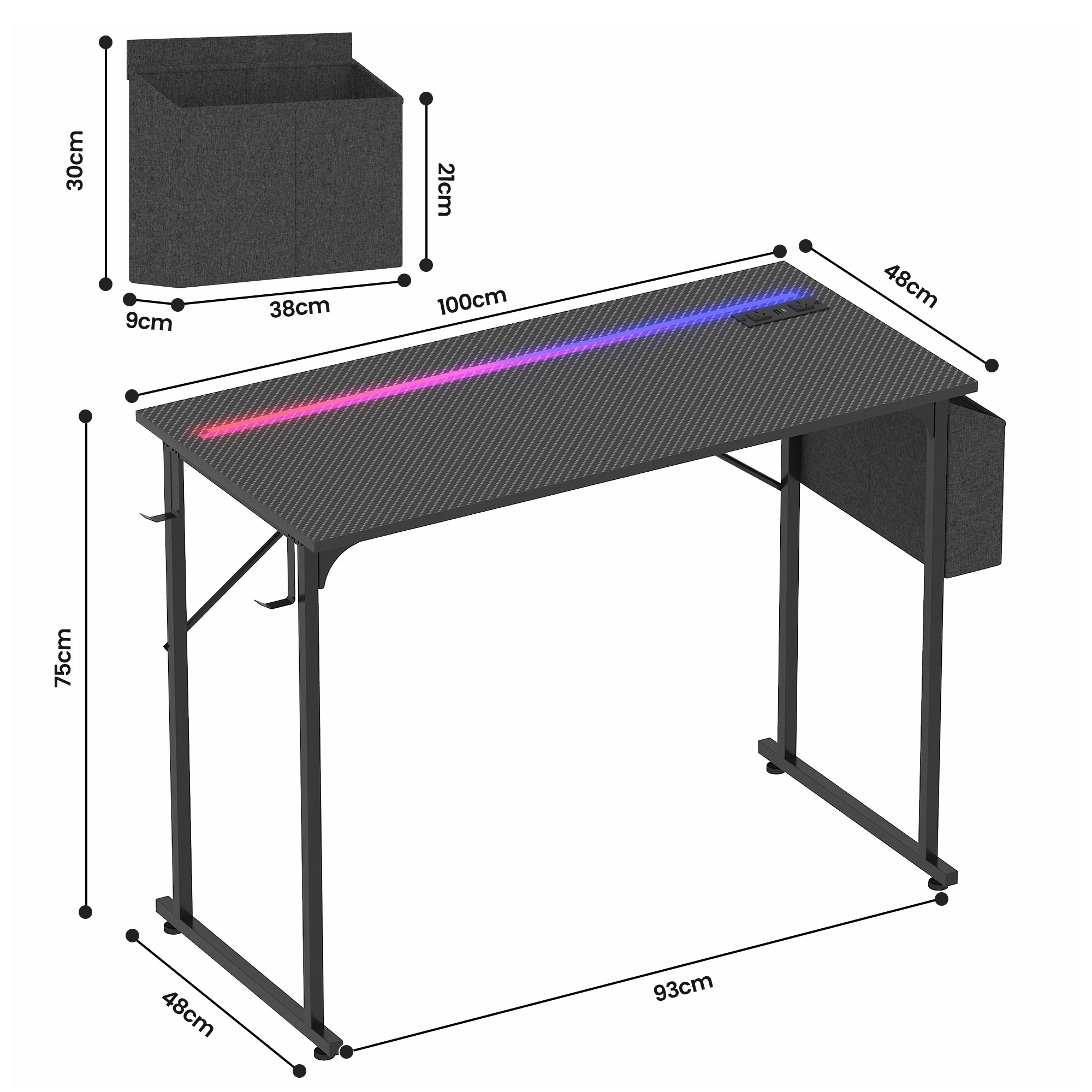 Advwin 100cm LED Gaming Desk w/ Power Outlets Carbon Fiber Small ...