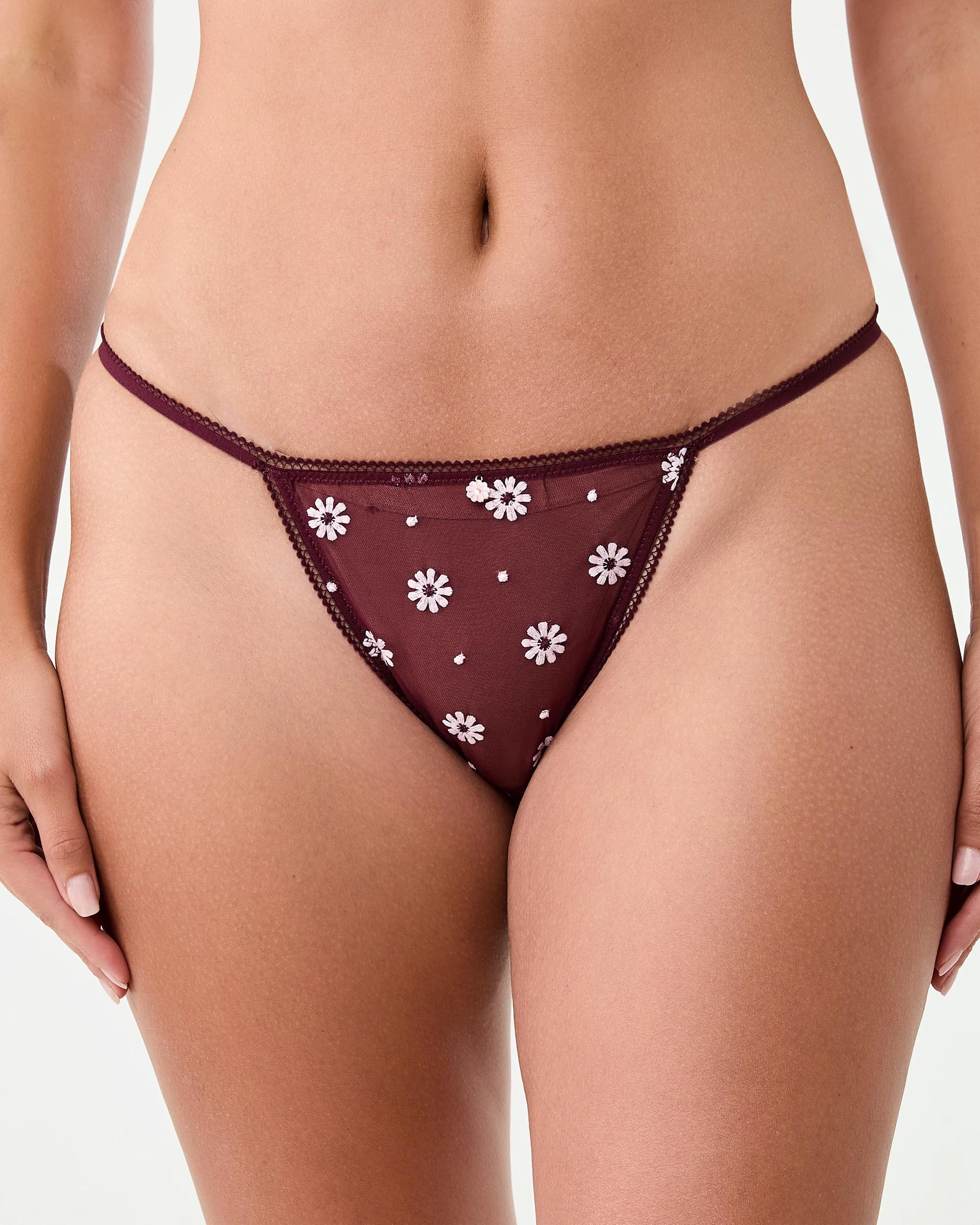 2 Co-ordinated Embroidered Mesh G-String Briefs Choc Plum, 2 of 4