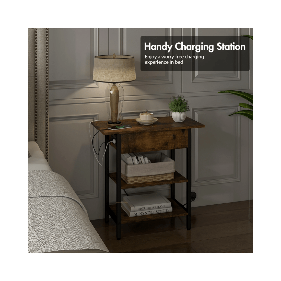 4 Advwin Side Table Flip Top Sofa End Table W/ Charging Station Narrow Bedside Table Walnut, 4 of 8