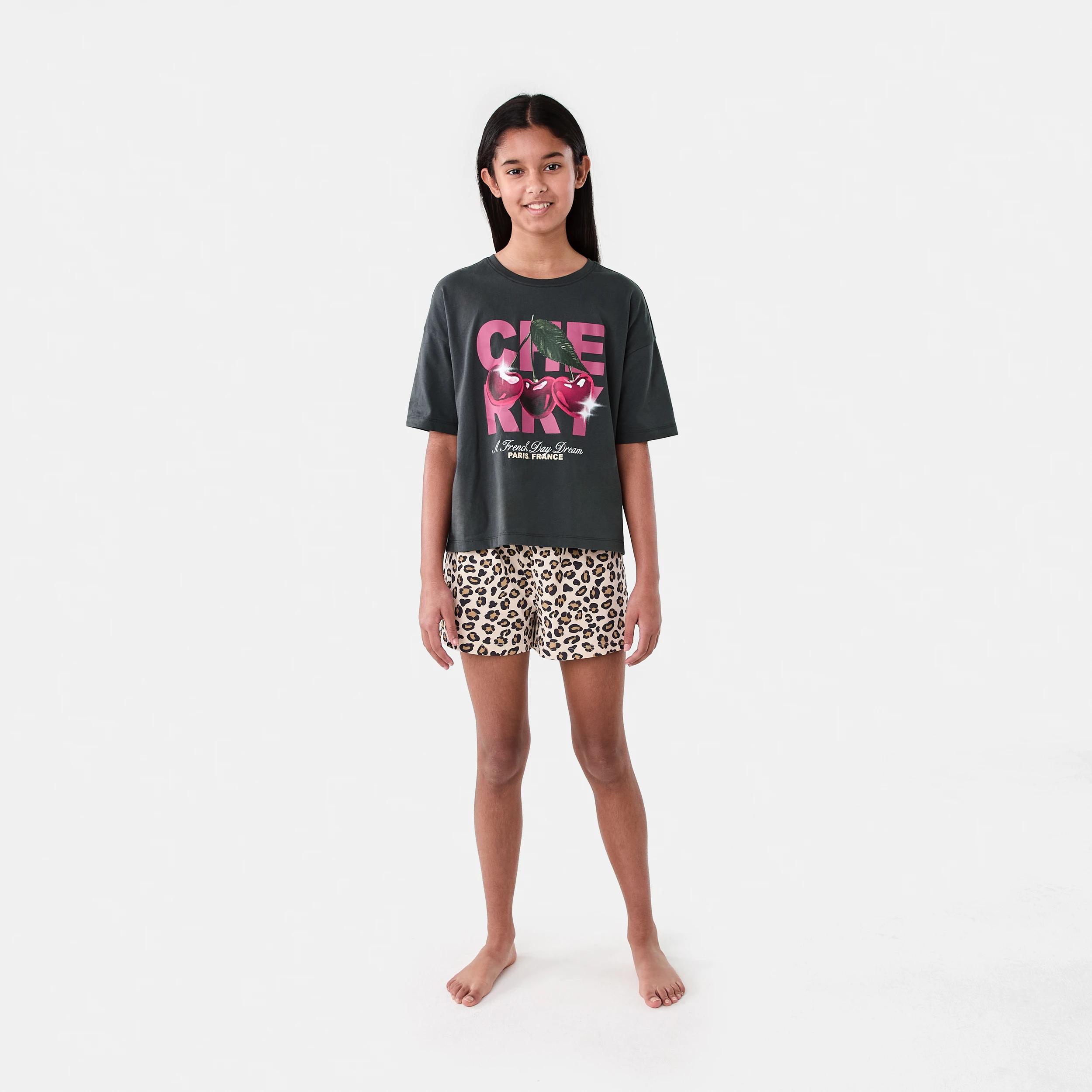 1 Short Sleeve Top Jersey Pyjama Set LEOPARD PRINT, 1 of 7