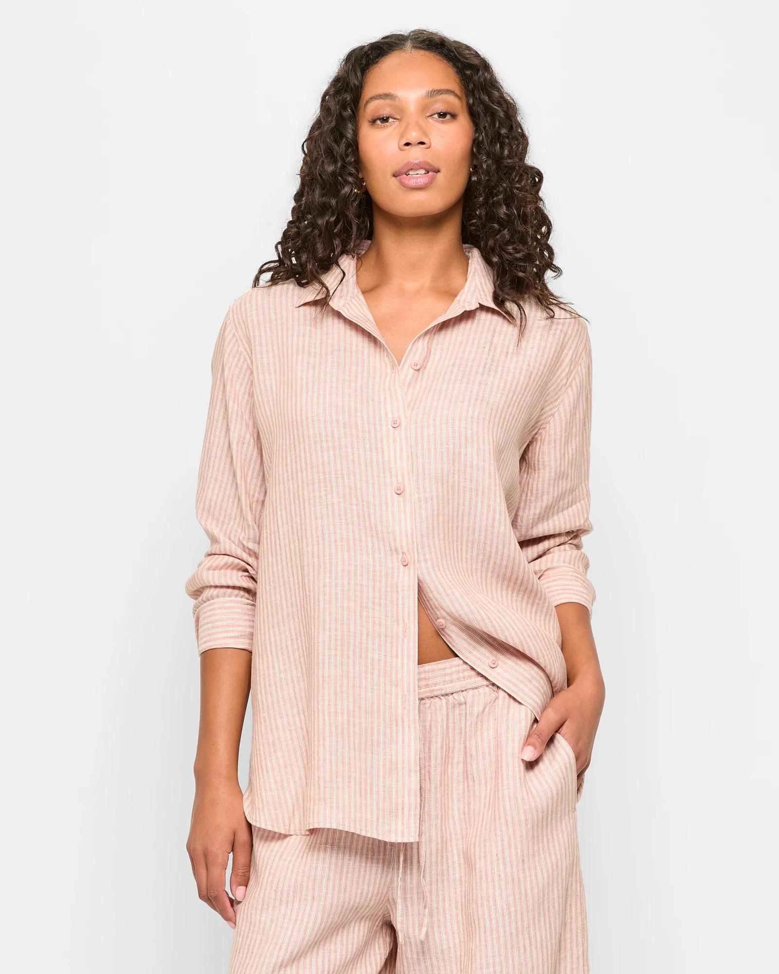 1 Target European Linen Long Sleeve Shirt PECAN STRIPE, 1 of 5