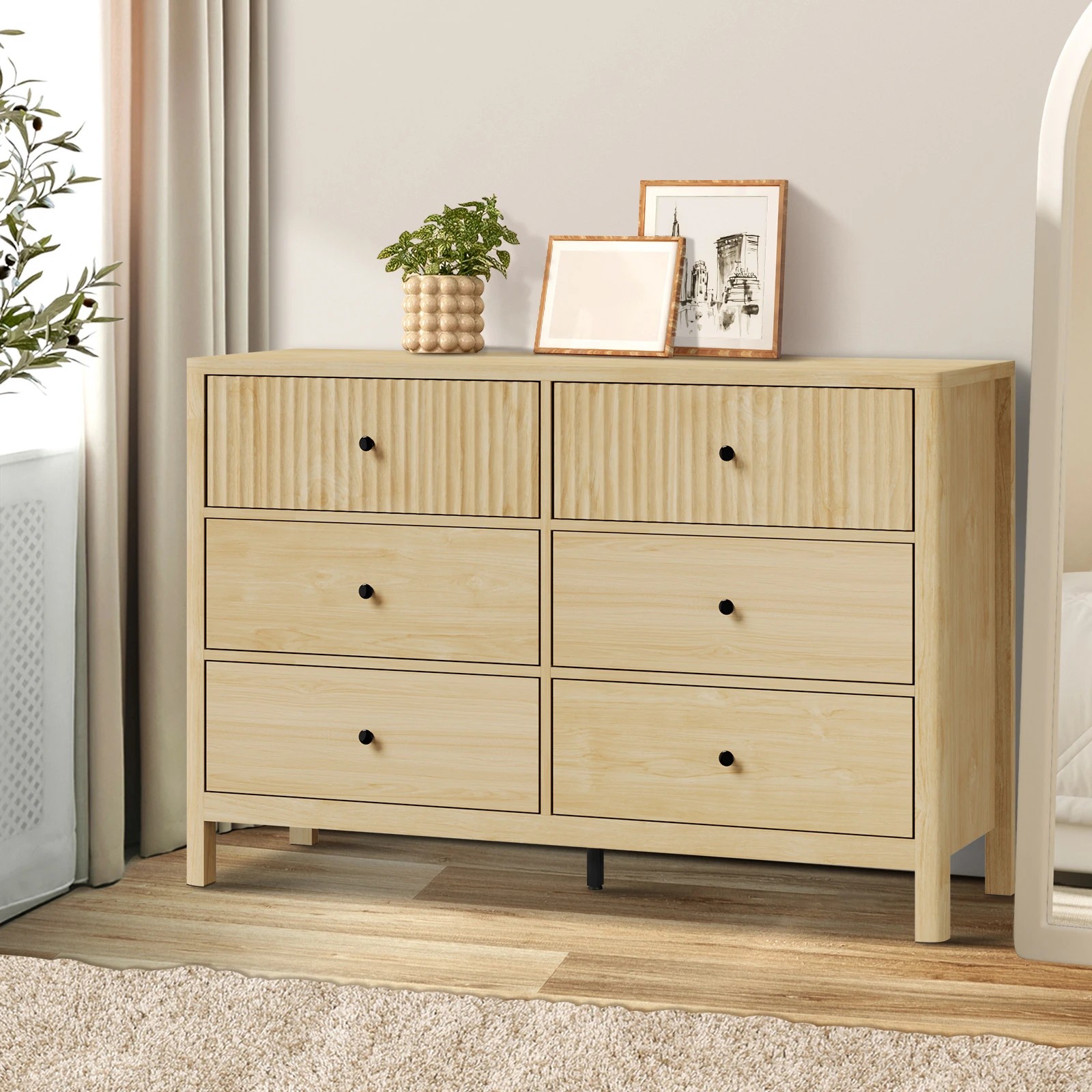 2 Oikiture 6 Chest Of Drawers Dresser Lowboy Storage Cabinet
 - Natural, 2 of 10