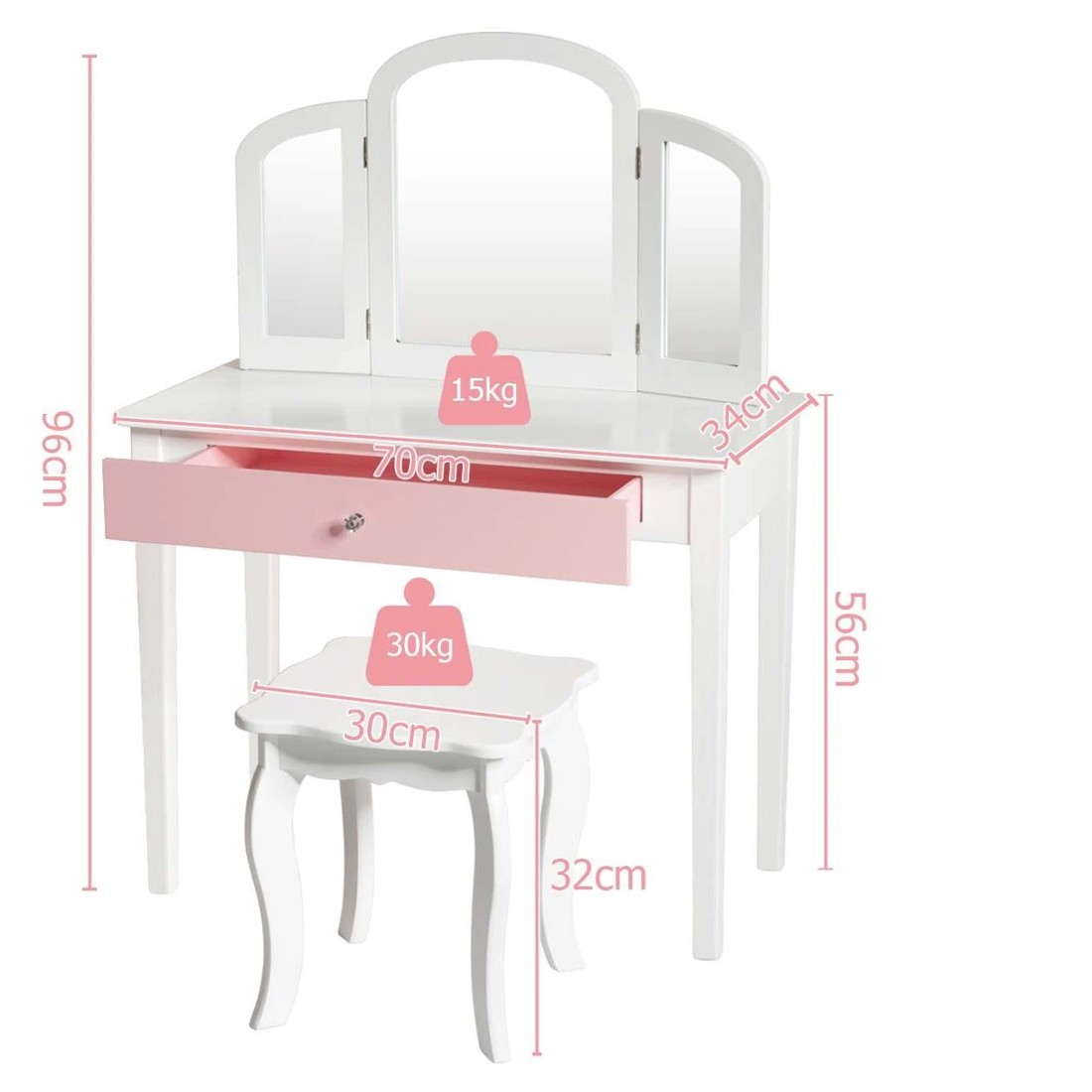 3 Costway Makeup Dressing Table Stool Set Folding Mirror White, 3 of 3