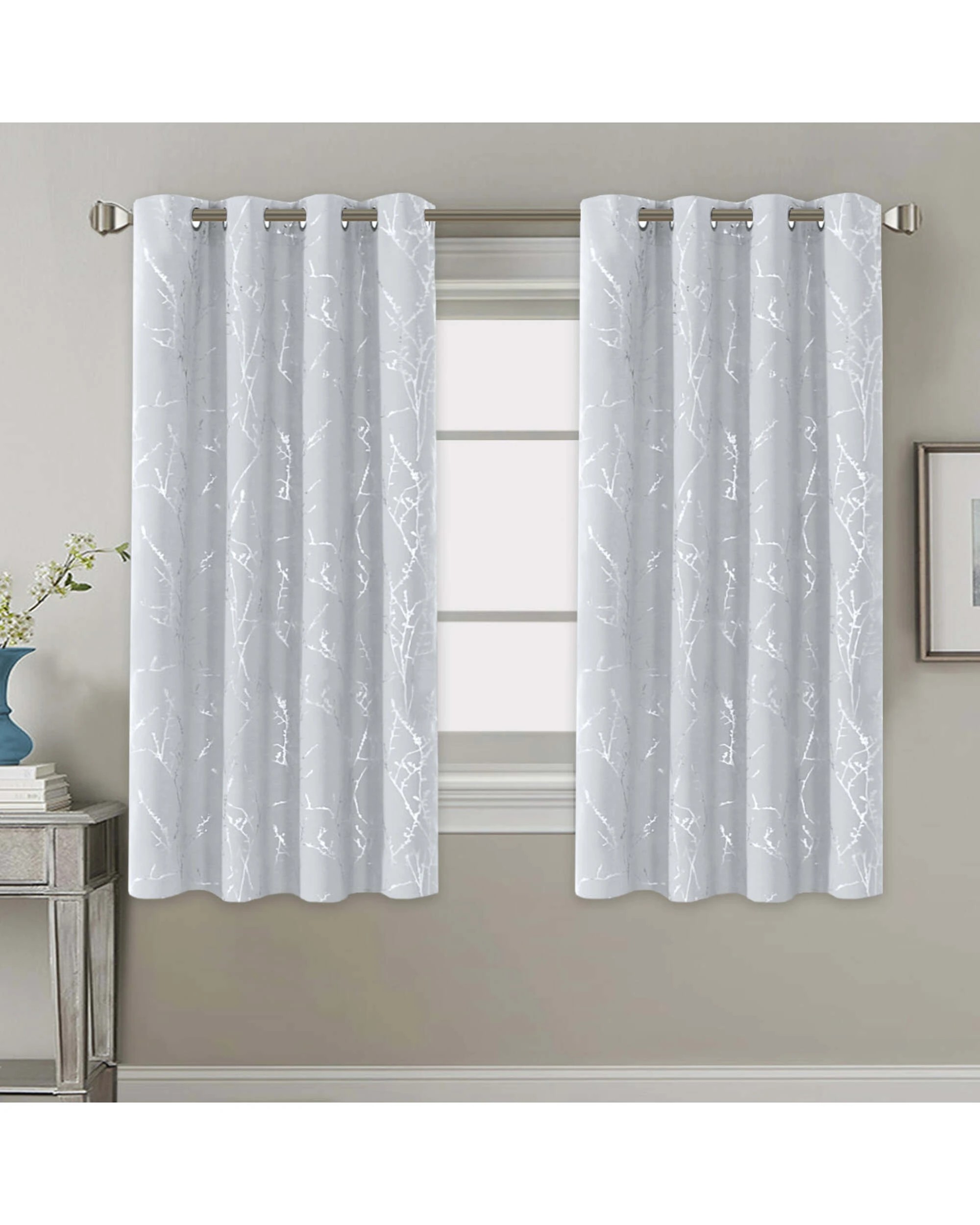 1 Smarcute Blockout Foil Print Twig Tree Grommet Curtain - 2X 132x160cm - Silver, 1 of 4