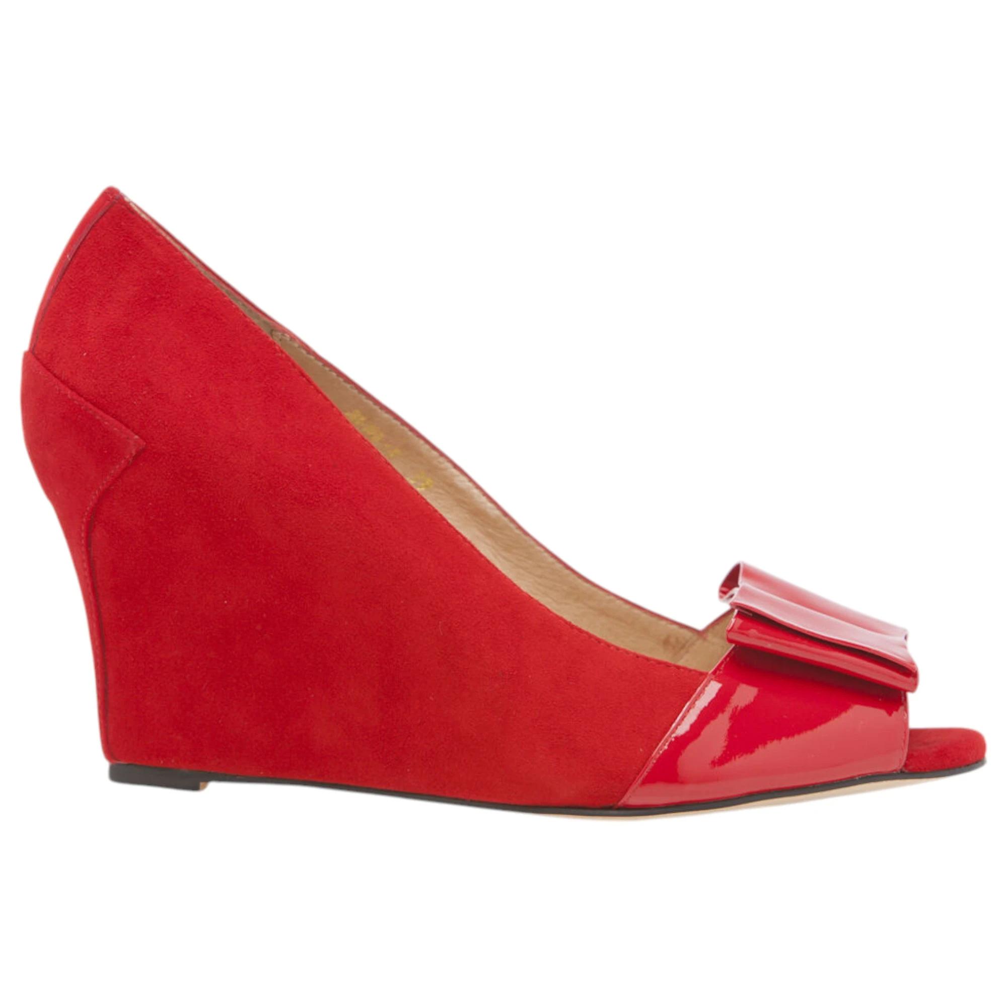 2 Zasel Angie Ladies Womens Leather Suede Wedge Heels With Bow Dress Shoes RED, 2 of 3
