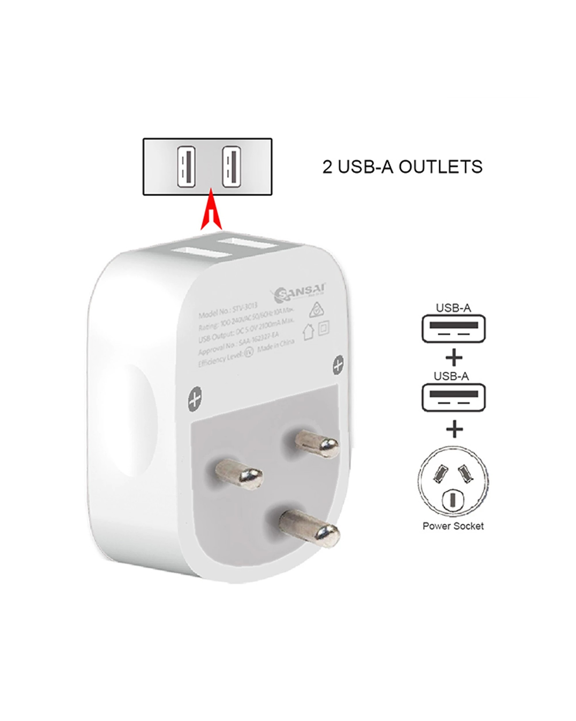 3 Sansai Surge Protected Travel Adapter with 2 x USB Ports AU India Region - White, 3 of 3