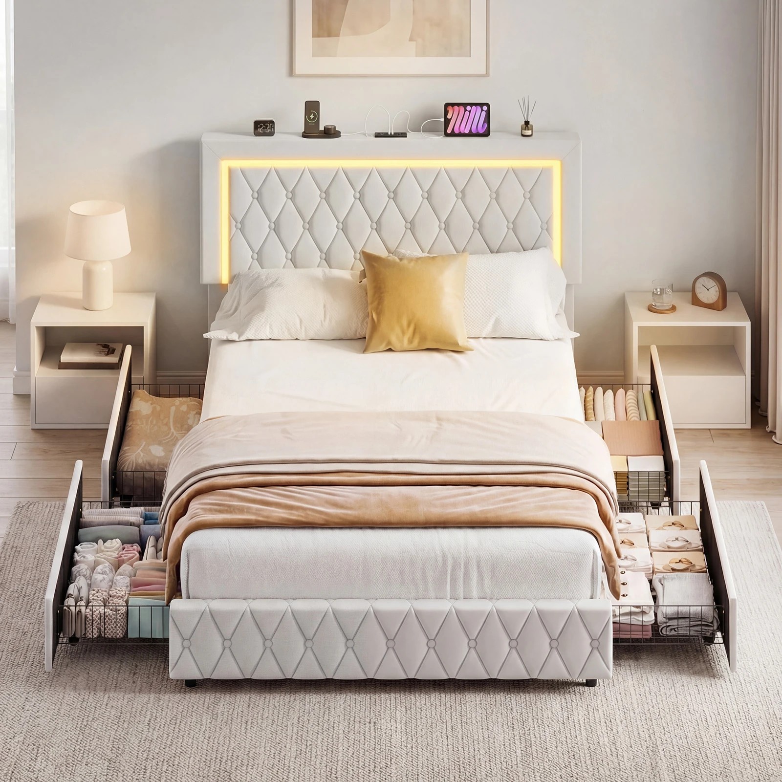2 Advwin Queen Velvet LED Bed Frame with Drawers and Charging - Beige, 2 of 8