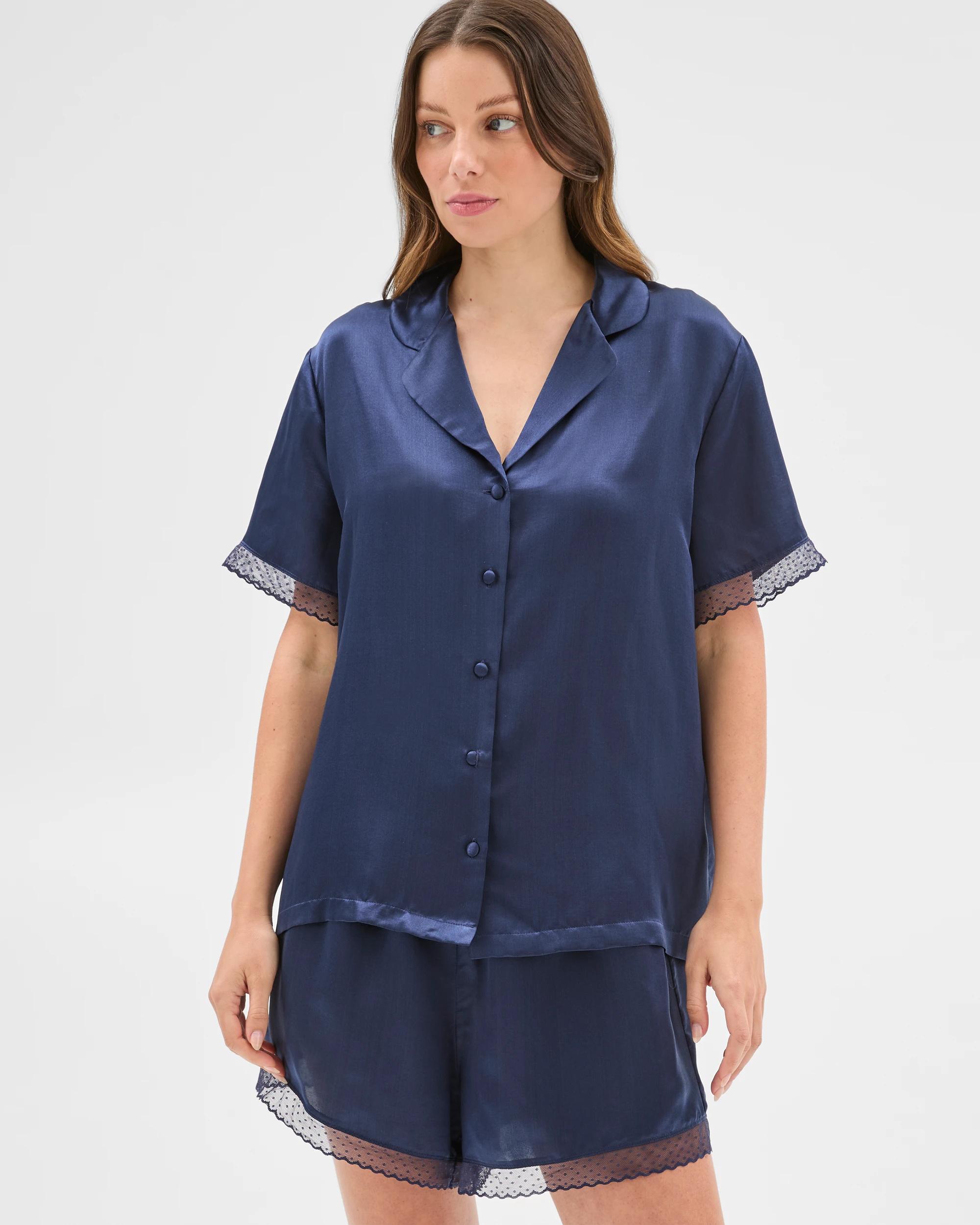 1 Target Woman Silk Blend Lace Trim Pyjama Set NAVY, 1 of 7