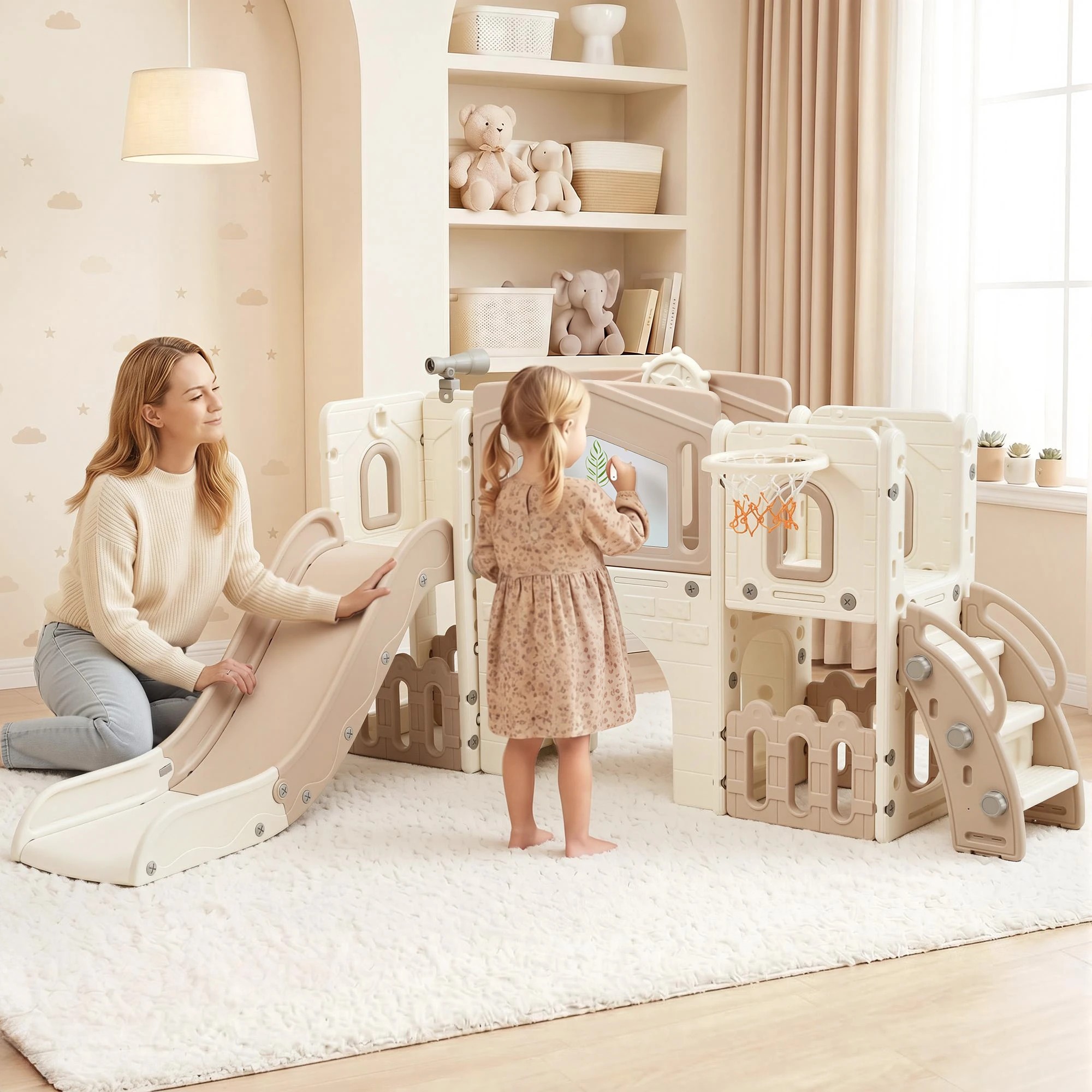 9 Keezi Kids Slide Set Indoor Toddler Playset With Basketball Hoop And Drawing Board - Beige, 9 of 9