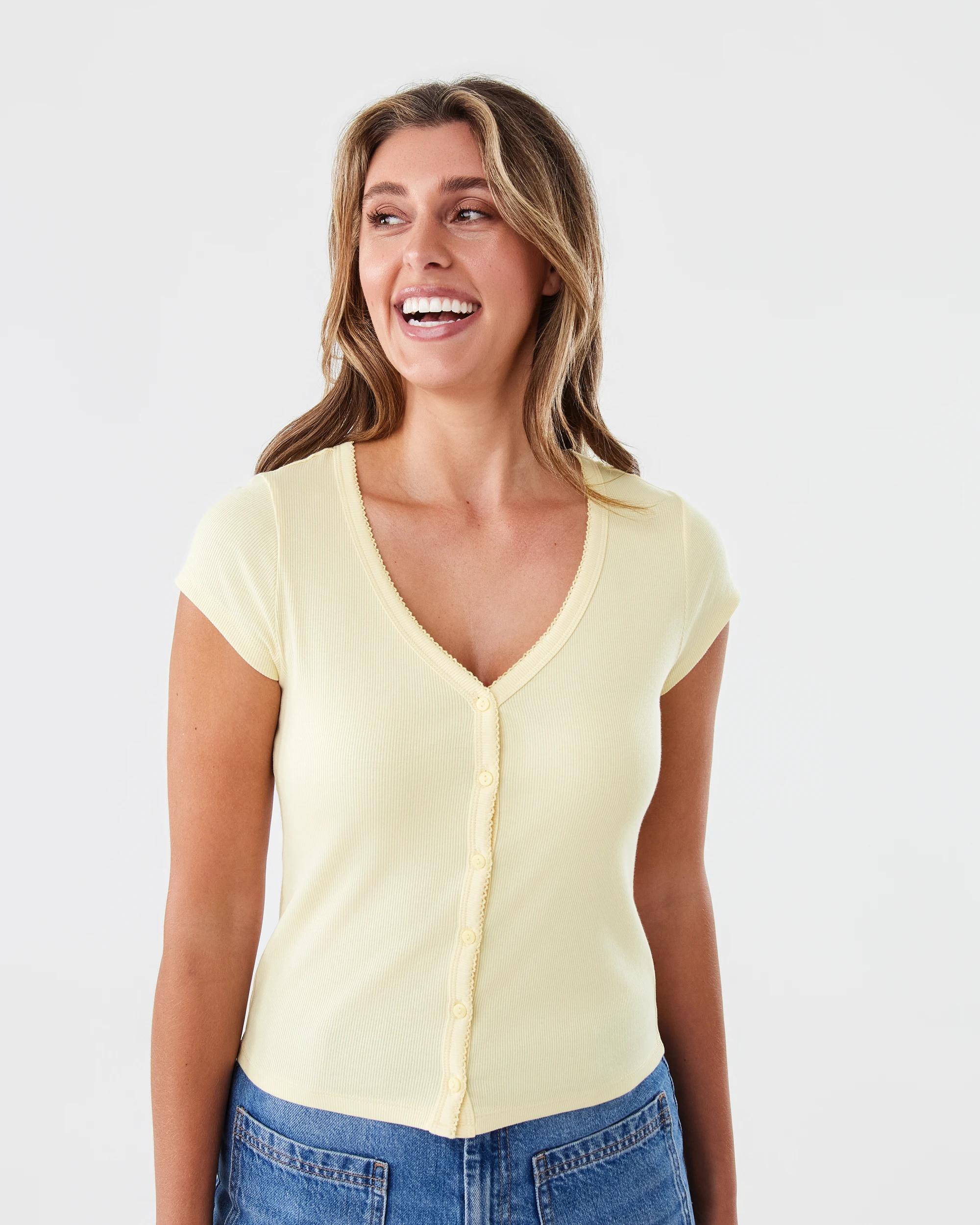 1 Short Sleeve Rib Button Detail Top Fln Yellow, 1 of 6