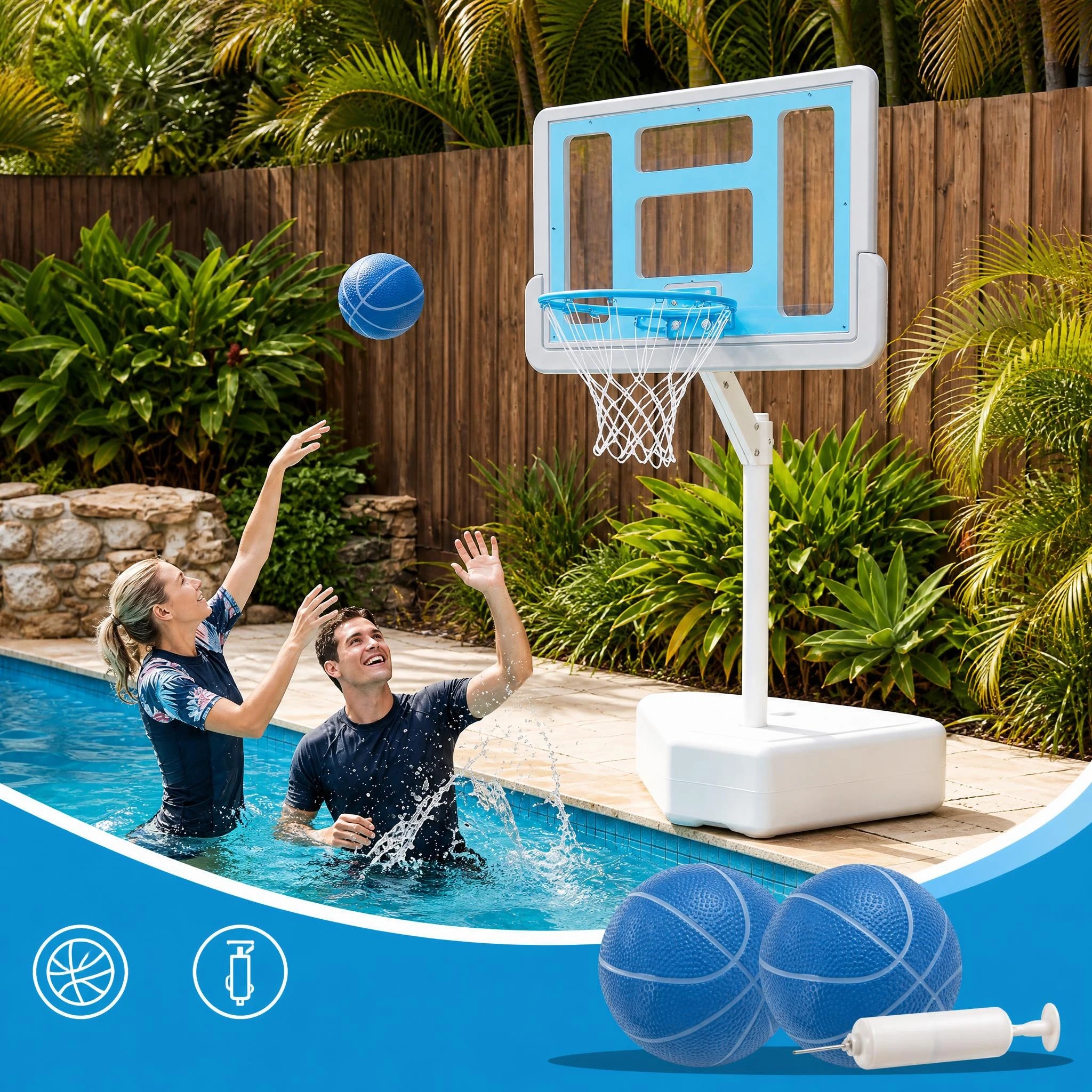 4 Costway Splash & Shoot Pool Basketball Hoop 116.5-180cm Portable Swimming Pool Goal w/2 Water Ball - Blue, 4 of 7