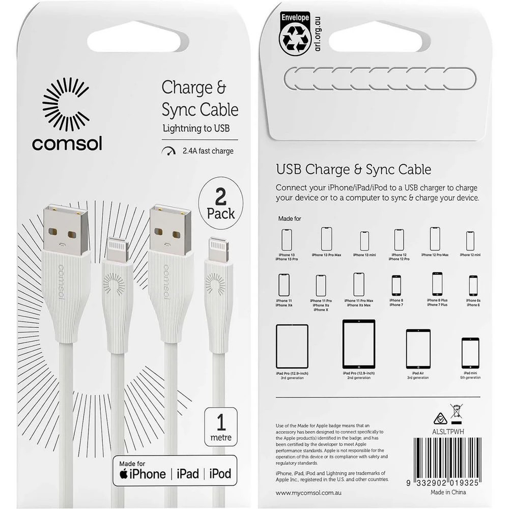 6 Comsol Lightning to USB-A MFi Cables 1m White 2 Pack, 6 of 6