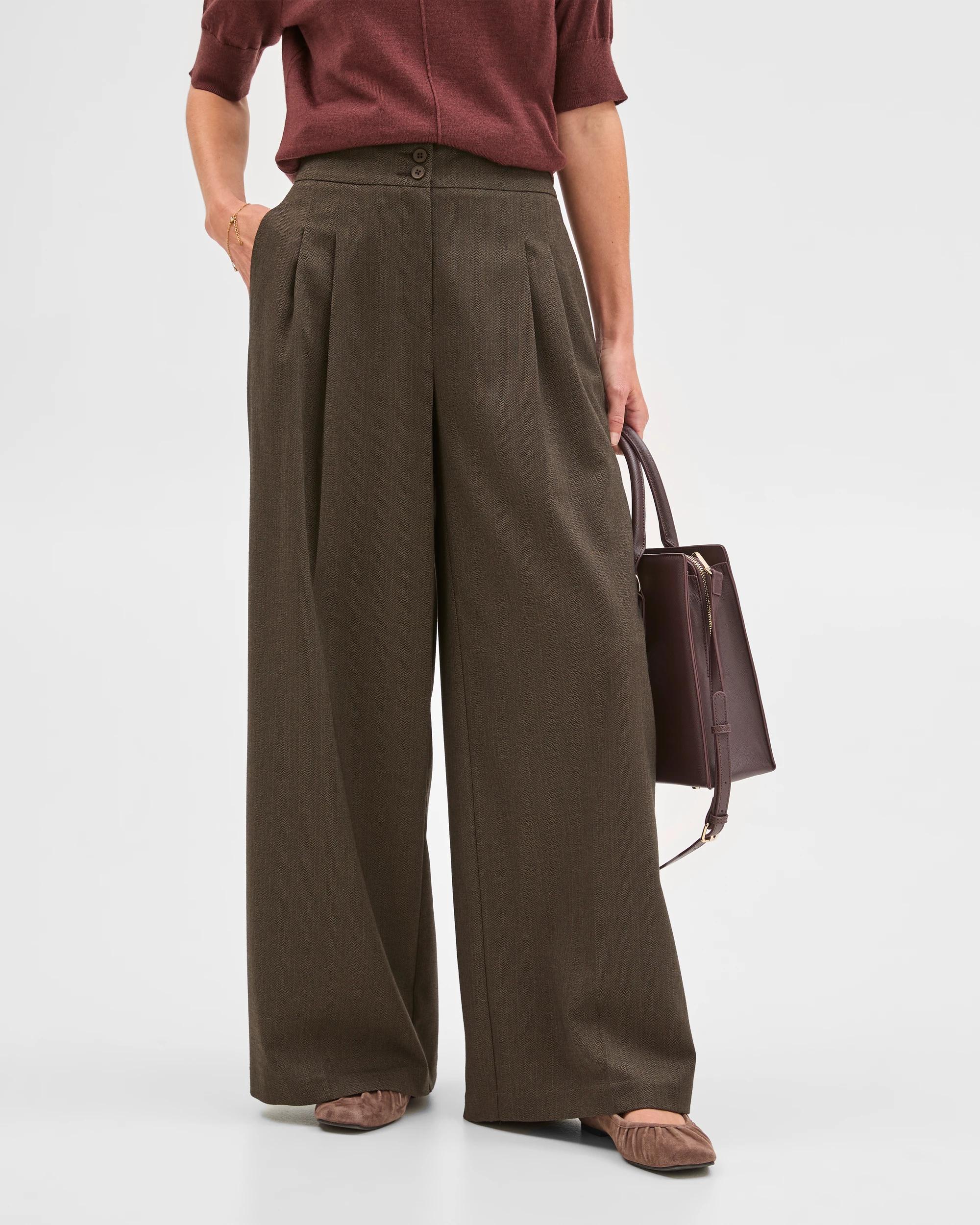 2 Preview Herringbone Wide Leg Pants CHOCOLATE, 2 of 8