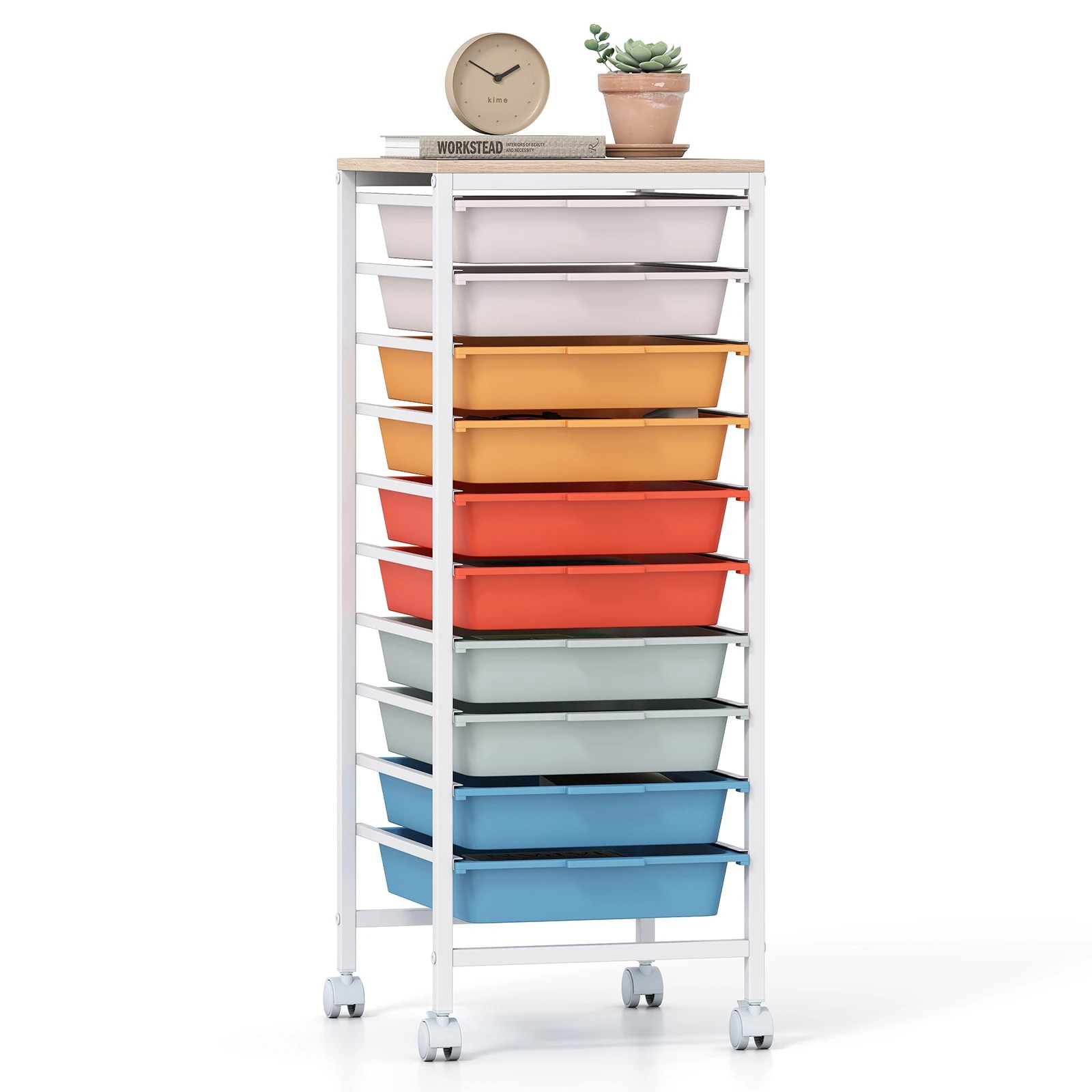 6 Costway 10-Drawer Rolling Storage Cart Mobile Utility Organizer w/Wooden Tabletop - Multi, 6 of 6