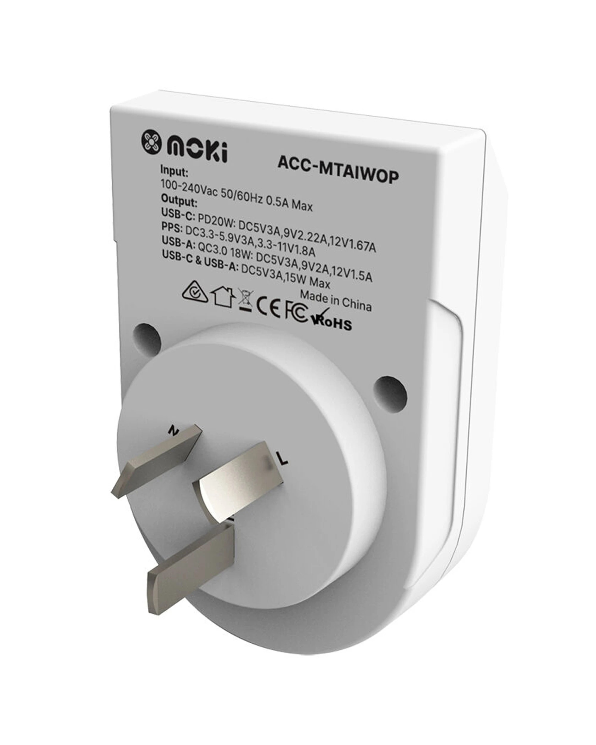 3 Moki Travel Adaptor Plus Inbound World Excludes Europe With Type-C & USB-A Charger - White, 3 of 3