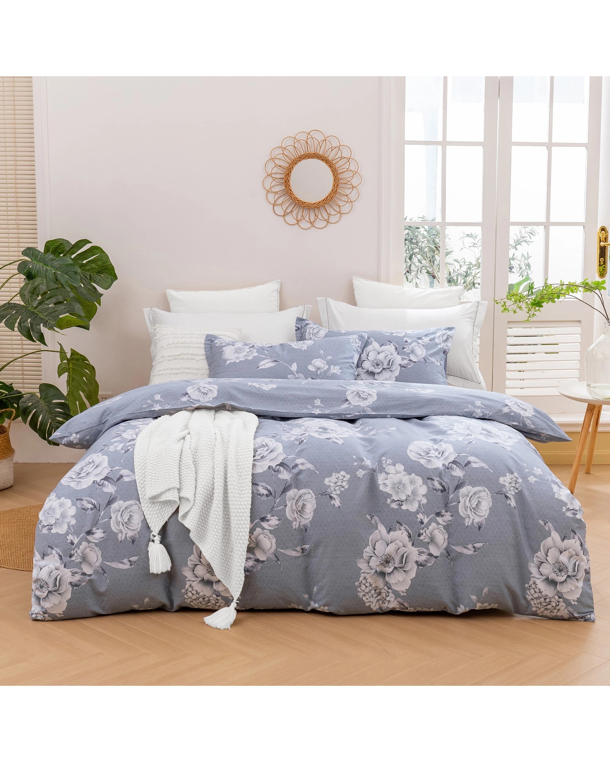 2 Dreamaker Blossom 100% Cotton Quilt Cover Set - Queen Bed - Silver, 2 of 5