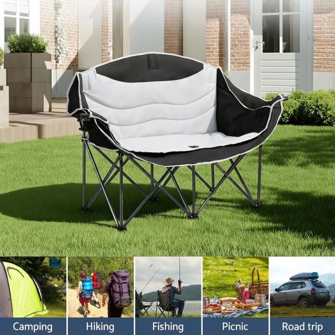 4 Weisshorn Camping Chair Double Folding Moon Chair Portable Seat 240KG - Multi, 4 of 7