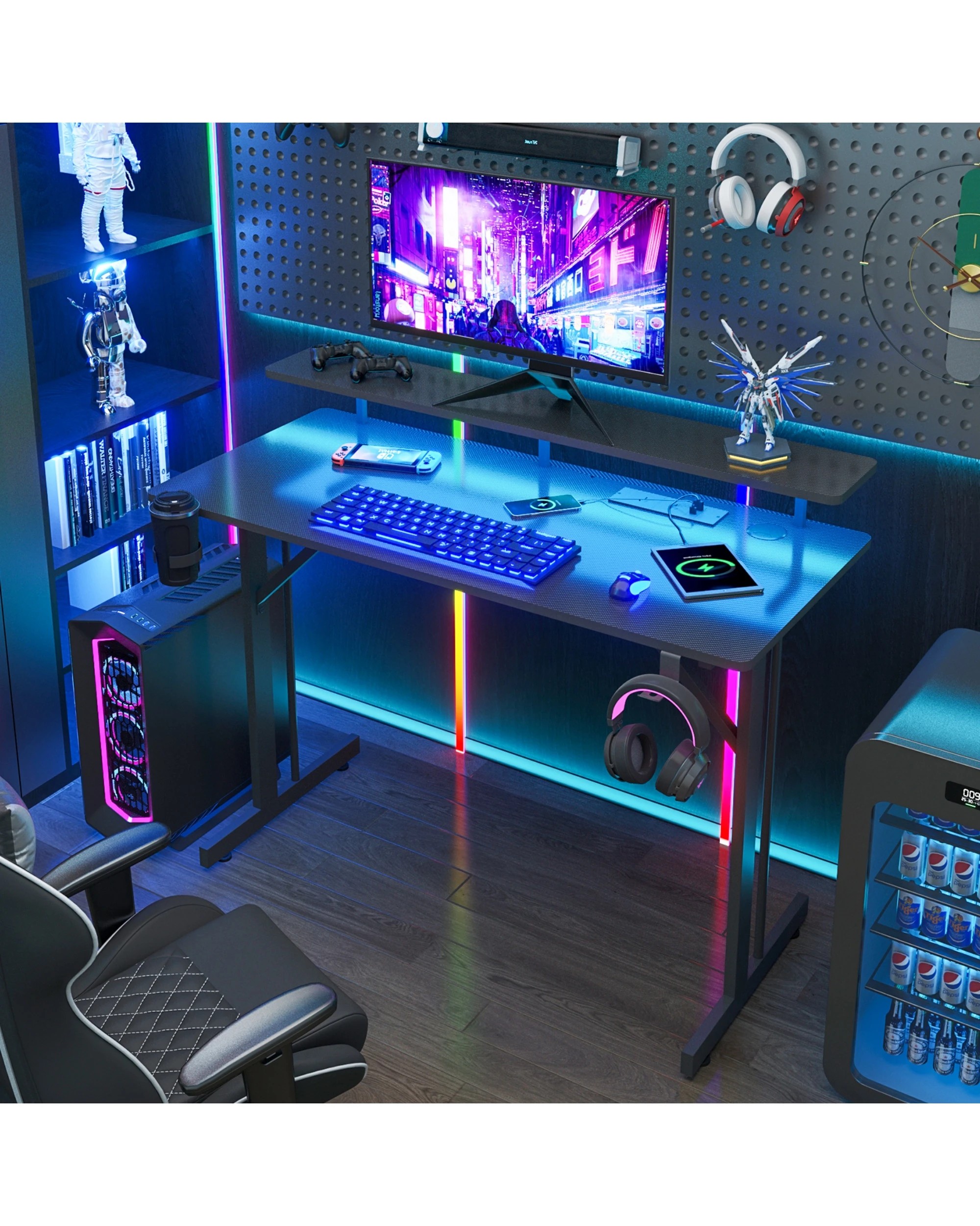 4 Advwin Gaming Desk With Led Lights & Power Outlets 100cm Computer Desk With Monitor Stand, 4 of 9
