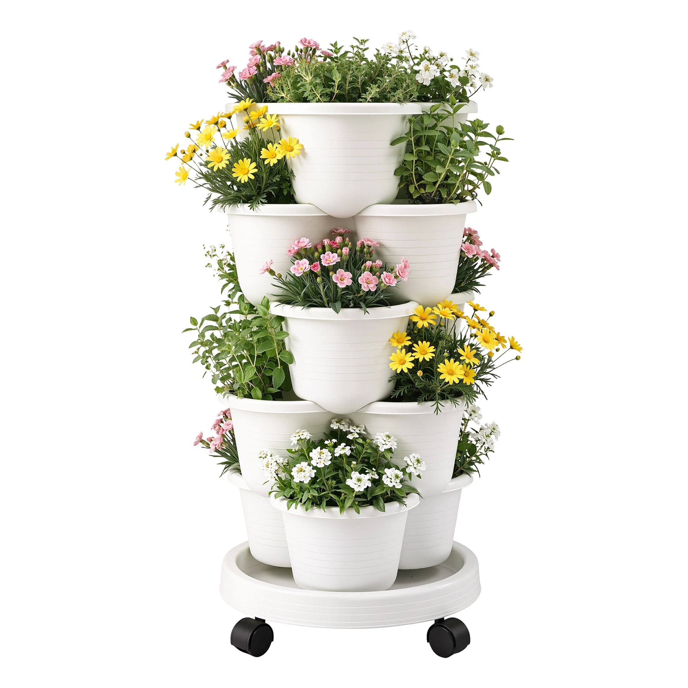 1 Green Fingers 5 Tier Vertical Garden Planter Movable Stackable Strawberry Pots with Wheels - White, 1 of 4