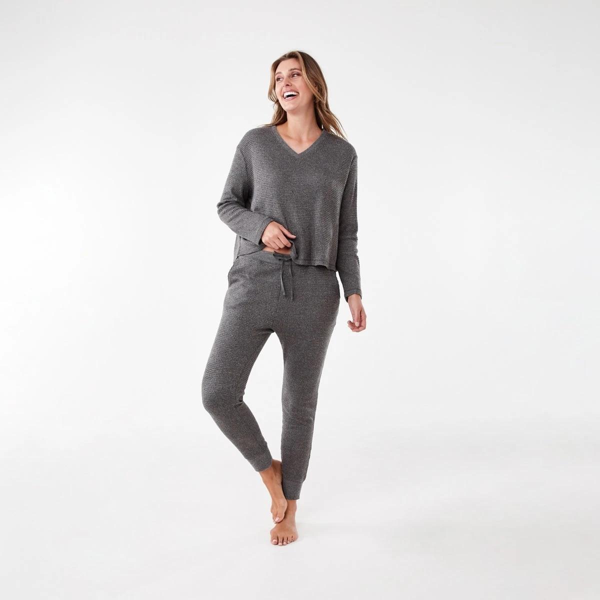 1 Waffle Long Sleeve Top and Pants Lounge Pyjama Set Slate Mrle, 1 of 8