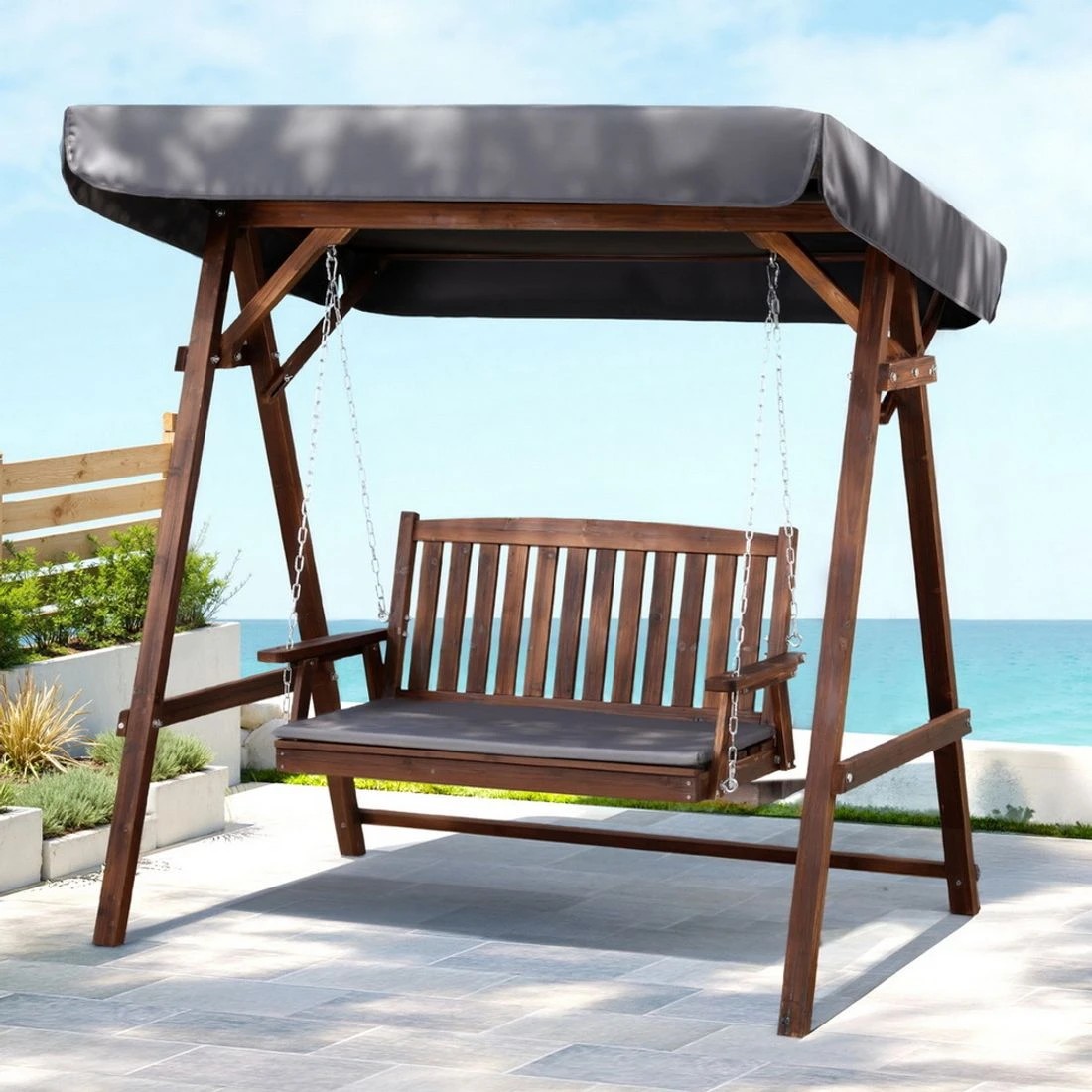 3 Gardeon Outdoor Wooden Swing Chair Garden Bench Canopy Cushion 2 Seater - Charcoal, 3 of 6