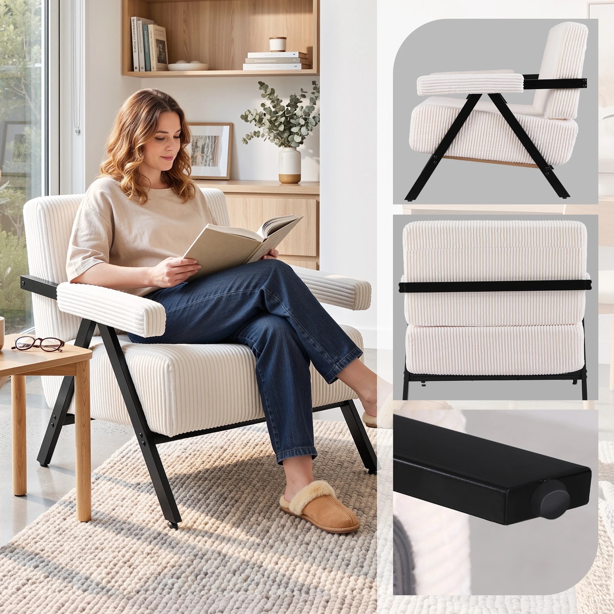 7 Artiss Compressed Armchair White Corduroy Accent Chair for Small Space - White, 7 of 7