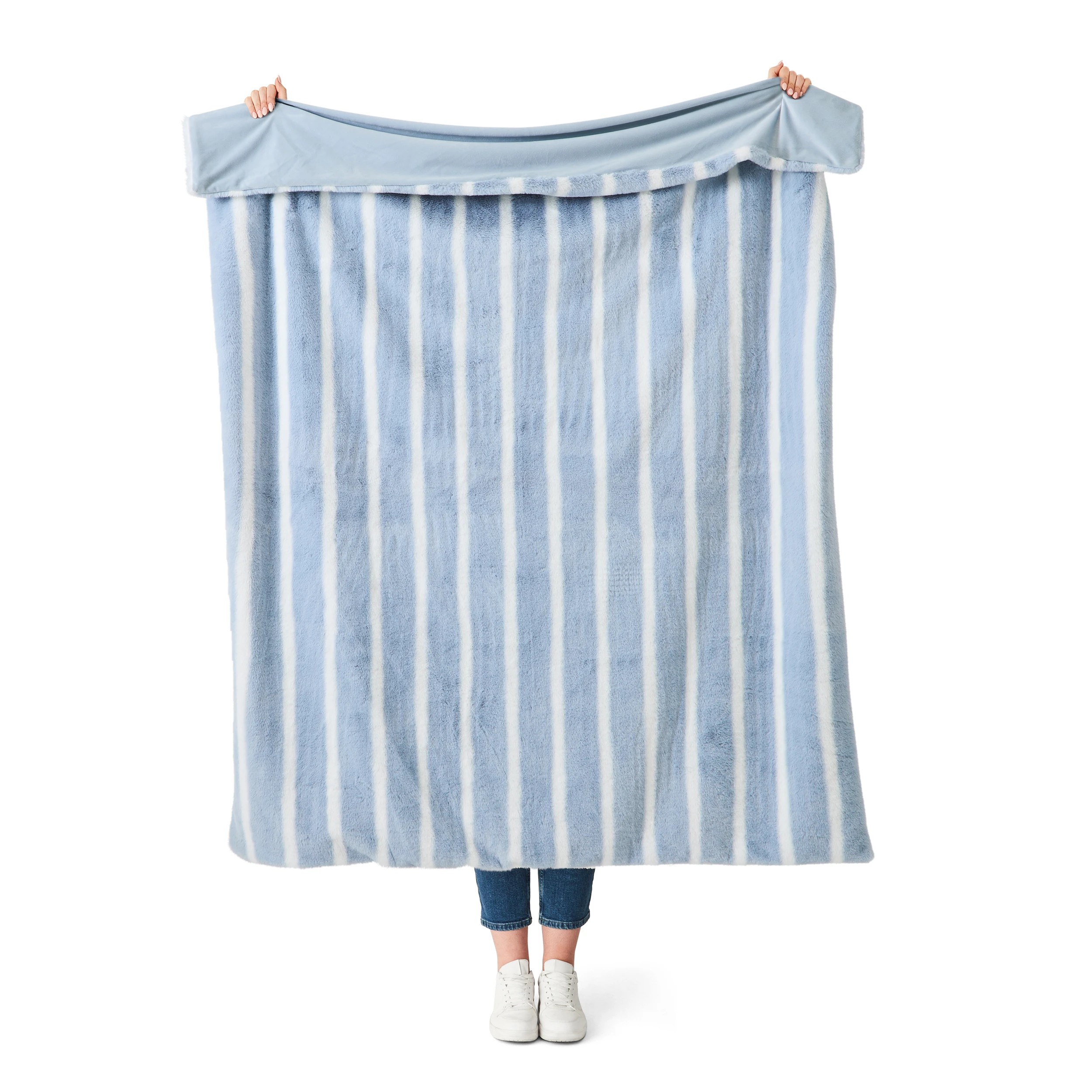 2 Stripe Faux Fur Throw - Blue, 2 of 6