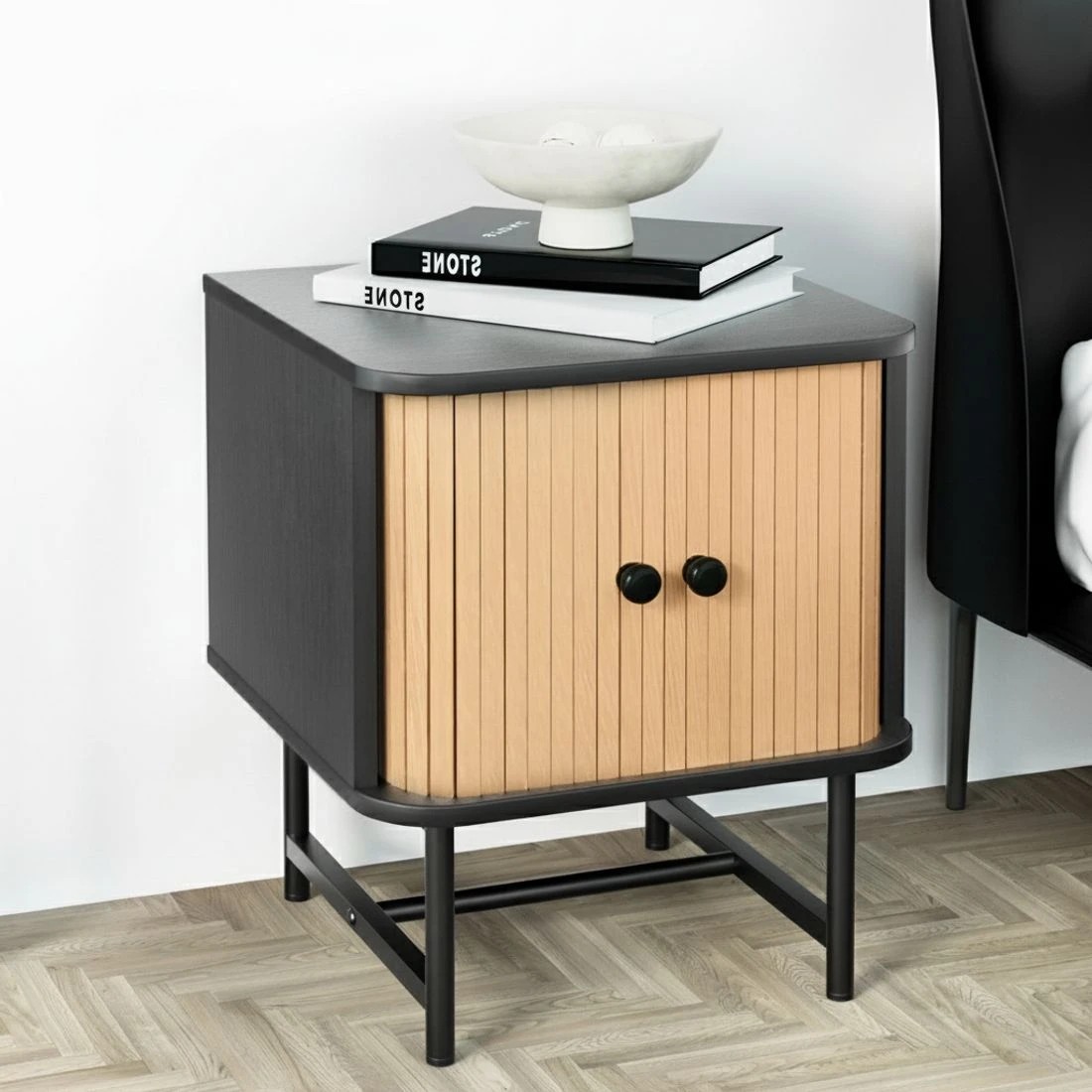 3 Artiss Bedside Table with Sliding Doors BORIS - Black, 3 of 6
