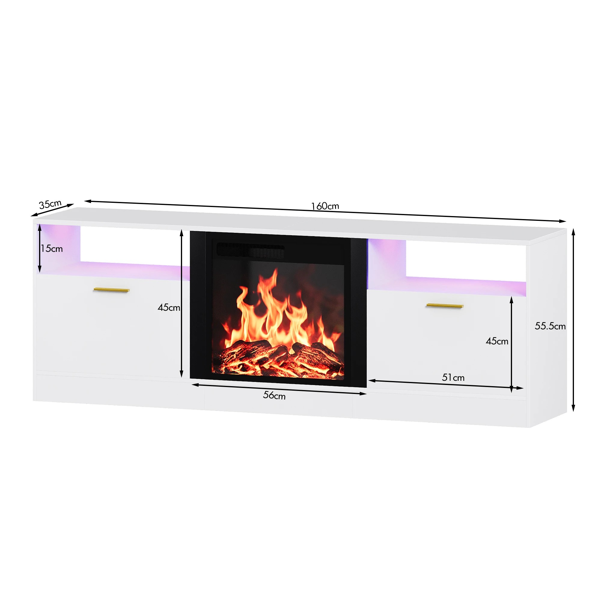 2 Advwin 160cm LED TV Cabinet w/ Fireplace & 3D Flame - White, 2 of 6