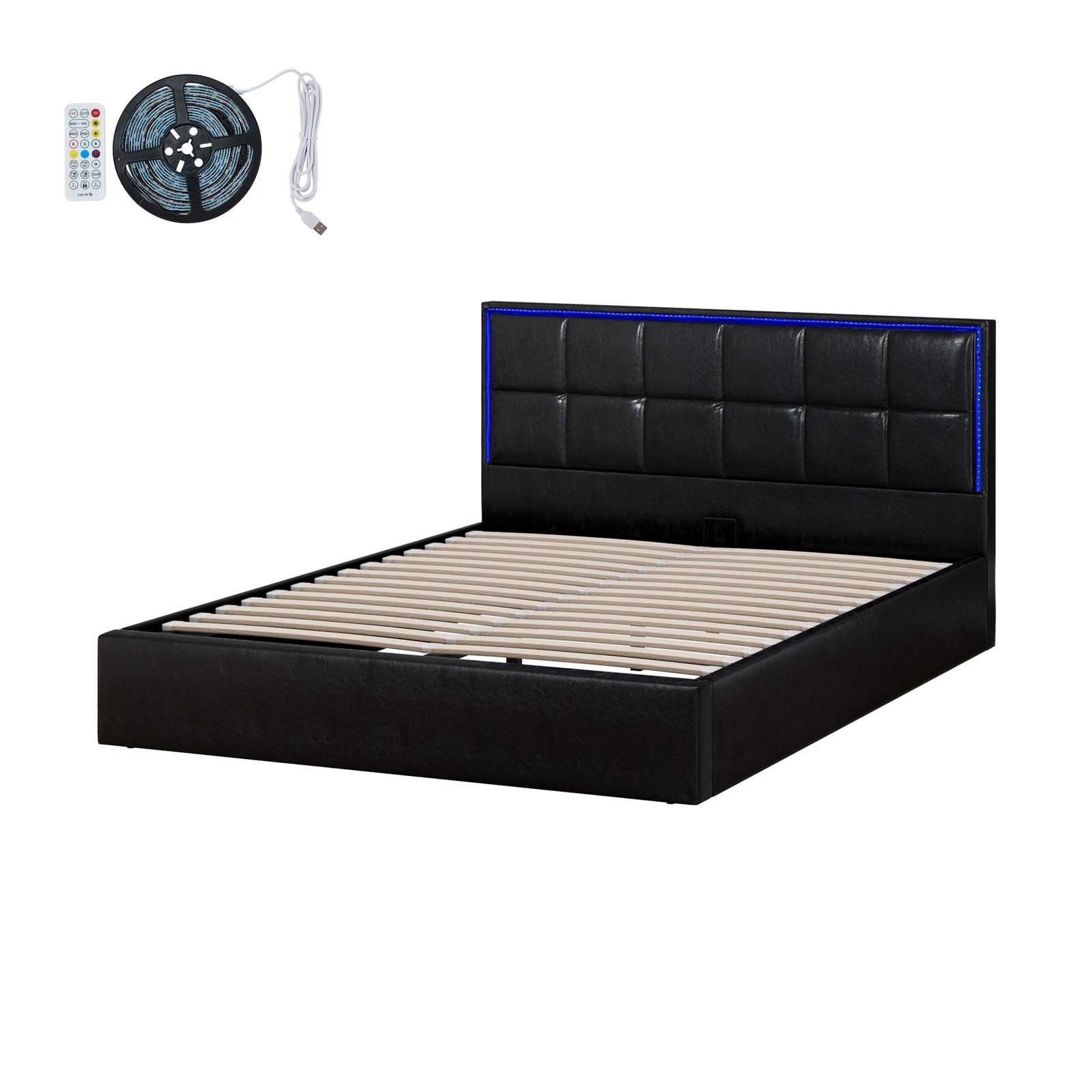 8 Oikiture Bed Frame Queen Size RGB LED Gas Lift Storage Base Leather - Black, 8 of 9