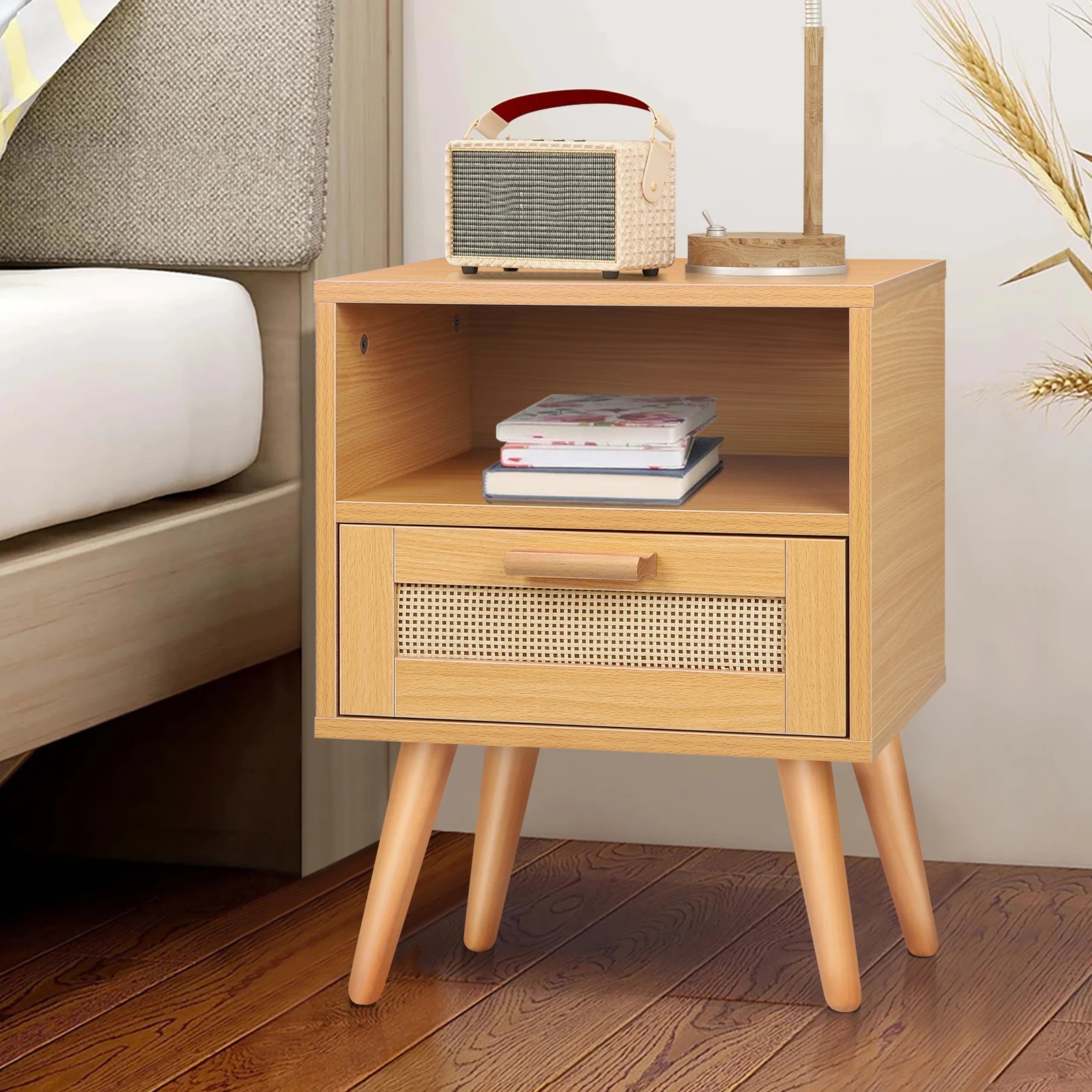 2 Alfordson 2x Bedside Table Nightstand Side Storage Cabinet Scandinavian Rattan - Oak, 2 of 8
