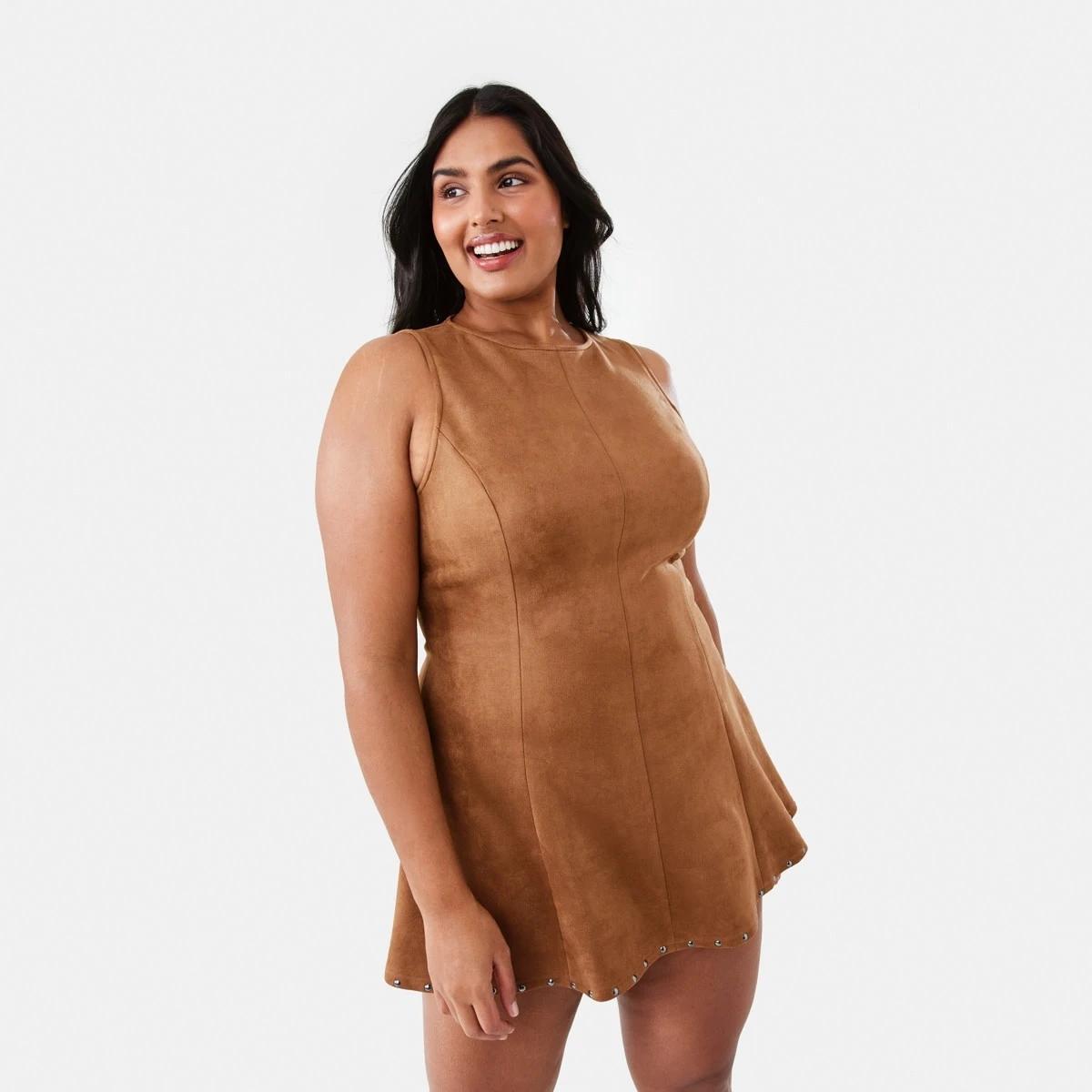 3 Suedette Mini Dress DEEP CAMEL, 3 of 10