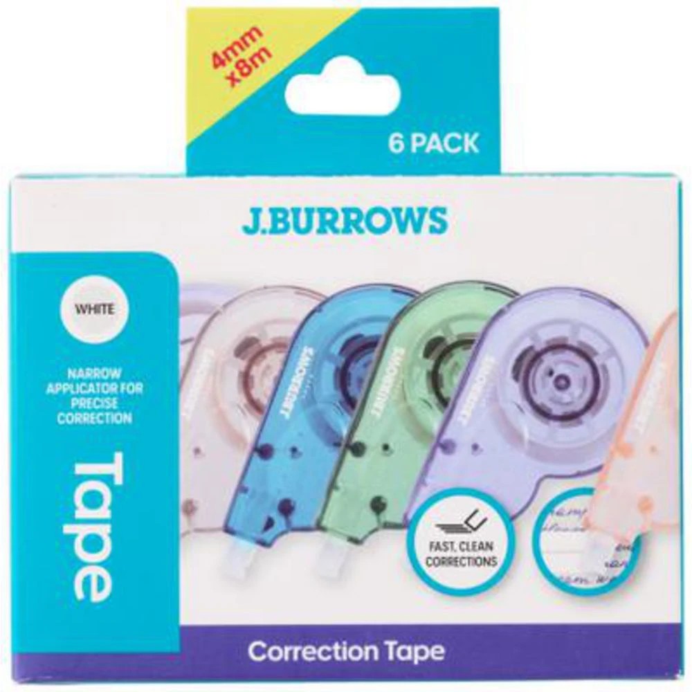 1 J.Burrows Precise Correction Tape 4mm x 8m Assorted 6 Pack, 1 of 3