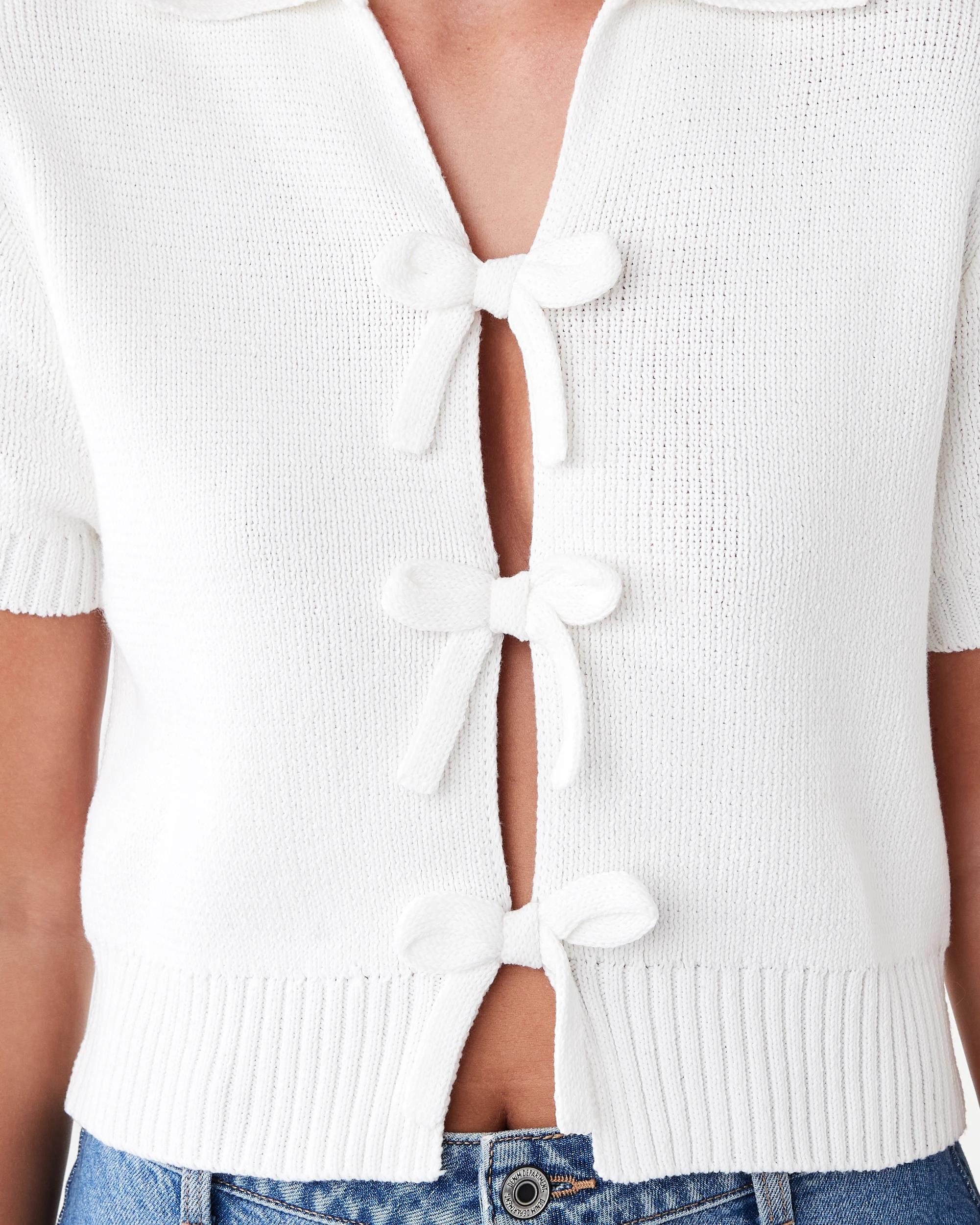 6 Short Sleeve Tie Front Polo Cardigan White, 6 of 7