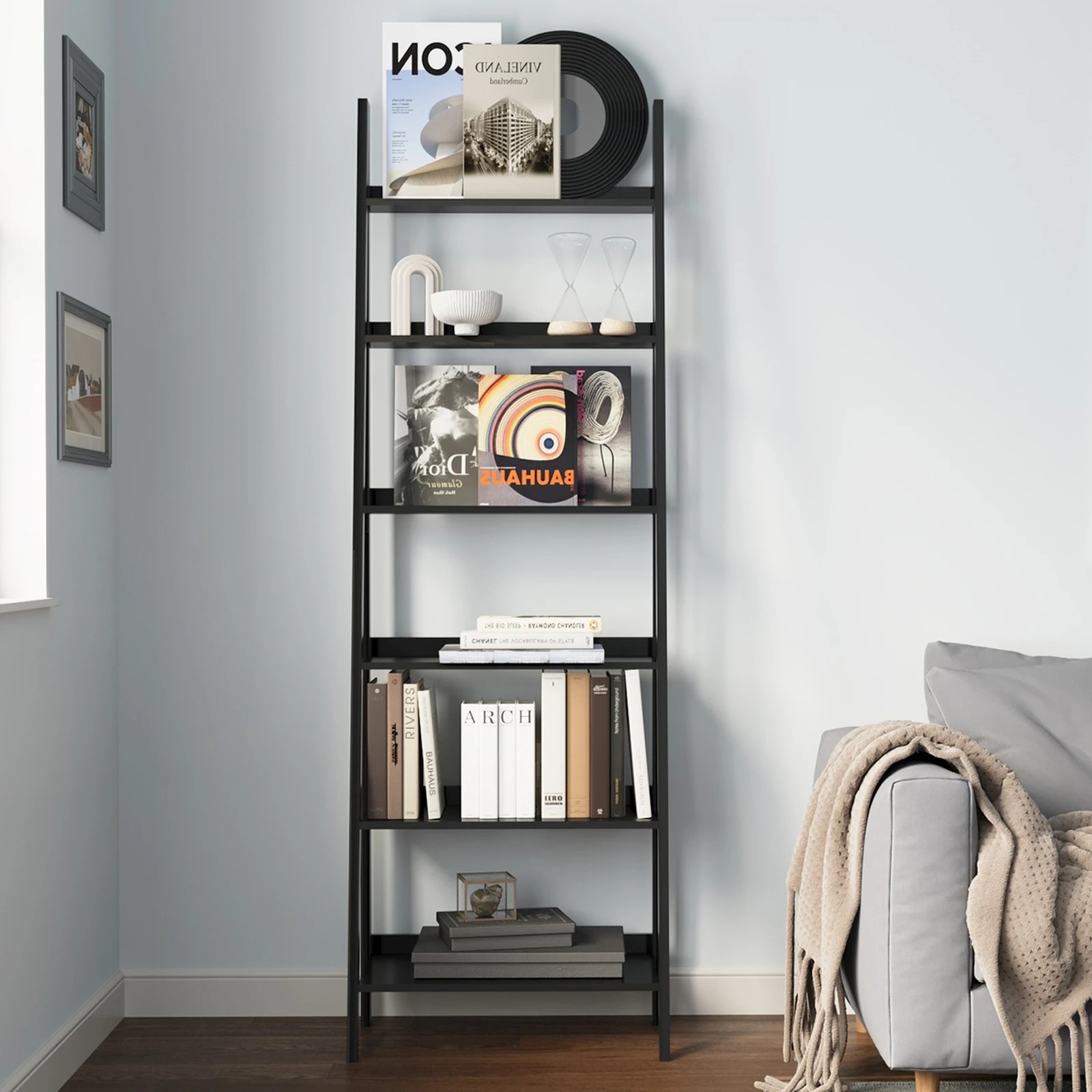3 Oikiture Bookshelf 6 Tier Corner Ladder Shelf Home Storage Display Rack
 - Black, 3 of 9