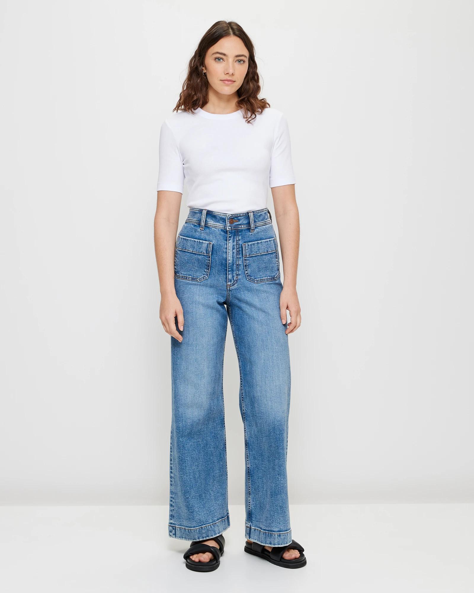 1 Target Mila Wide Leg High Rise Full Length Flat Front Denim Jeans PACIFIC BLUE, 1 of 7