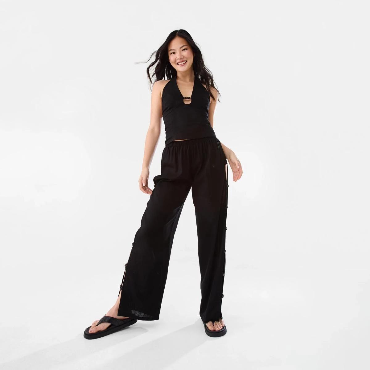2 Linen Blend Beaded Pants Black, 2 of 8