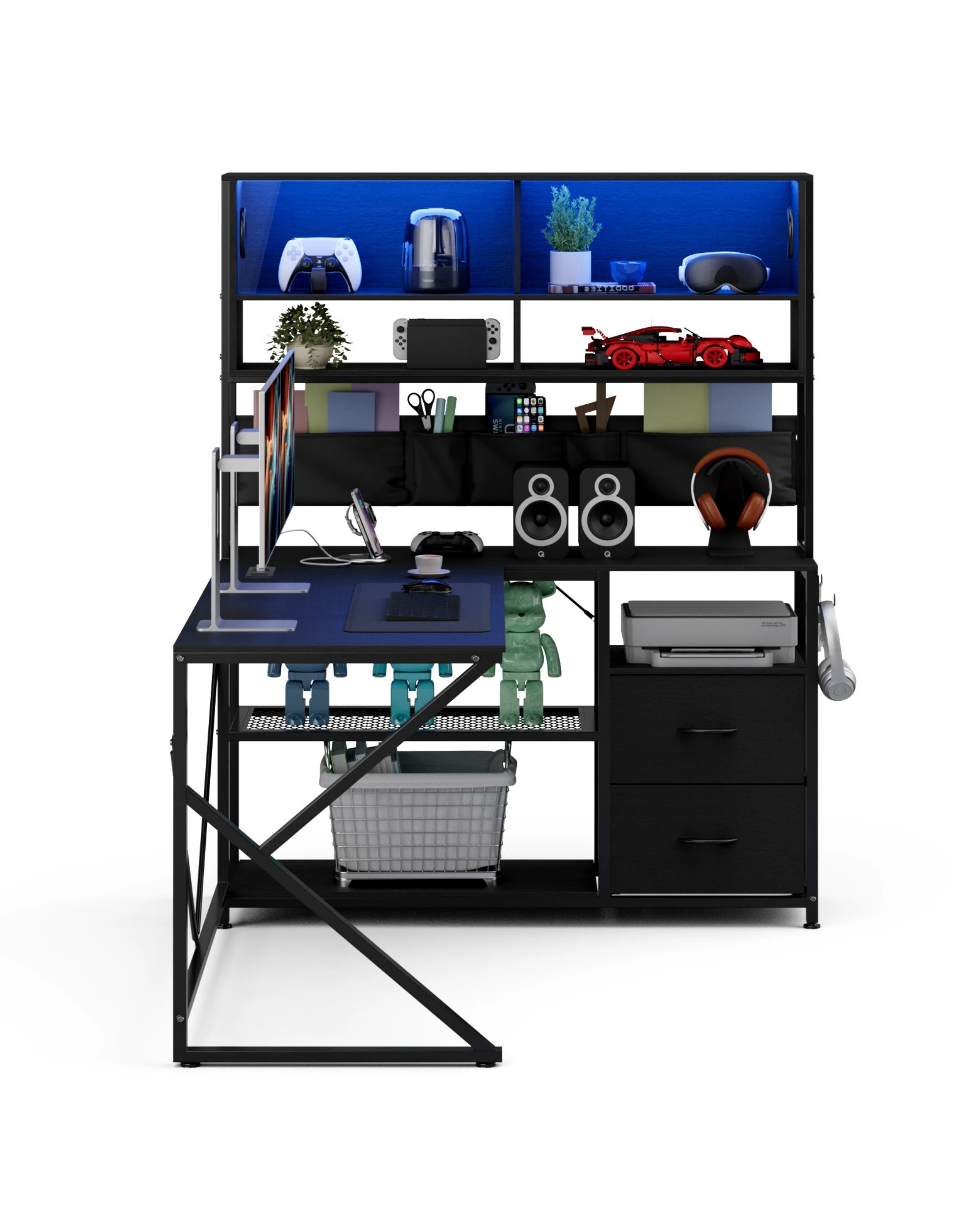 7 Advwin L Shaped Gaming Desk with LED Lights & Power Outlets Reversible 130cm Computer Desk  - Black, 7 of 9